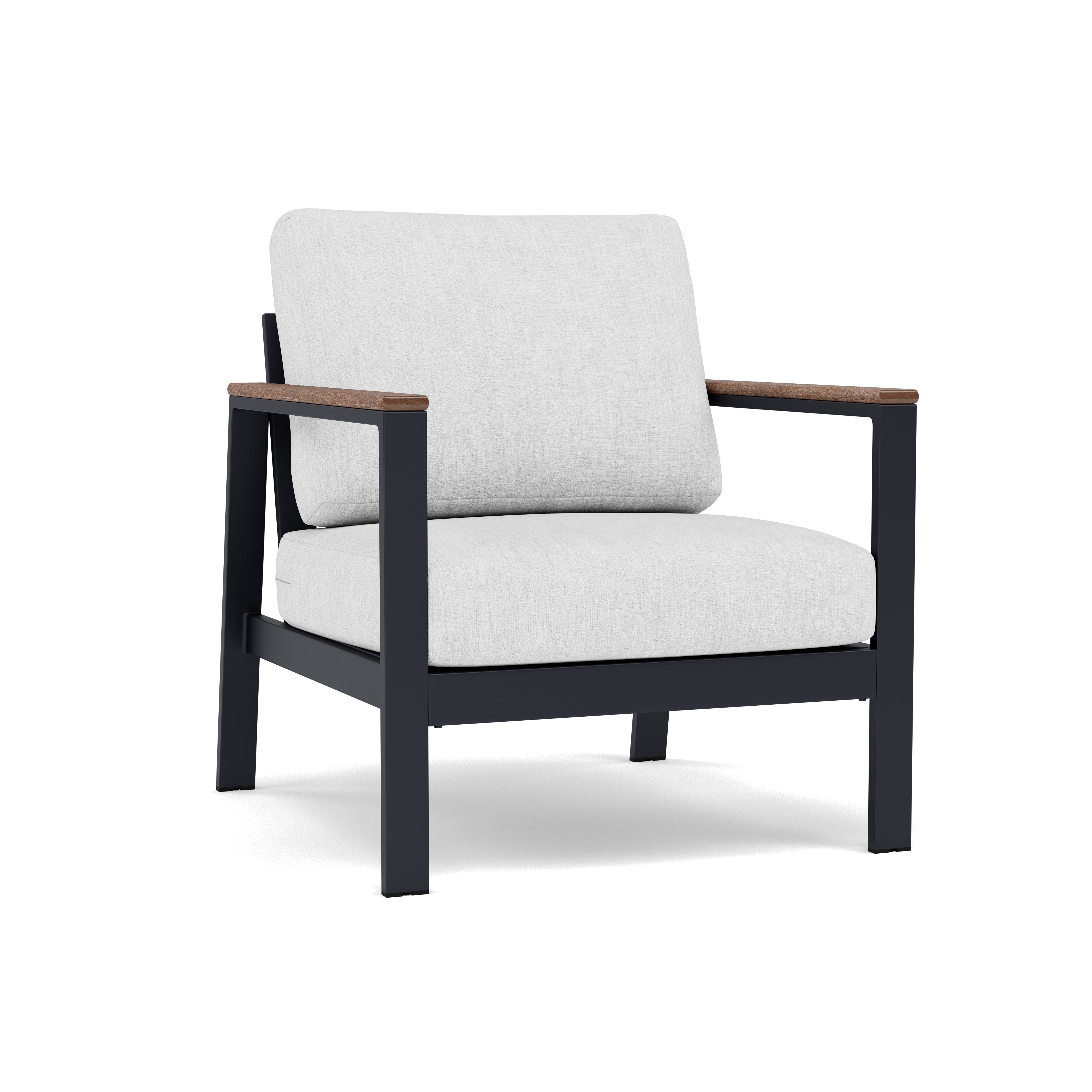 Modern lounge chair with black metal frame, wooden armrests, and white cushions.