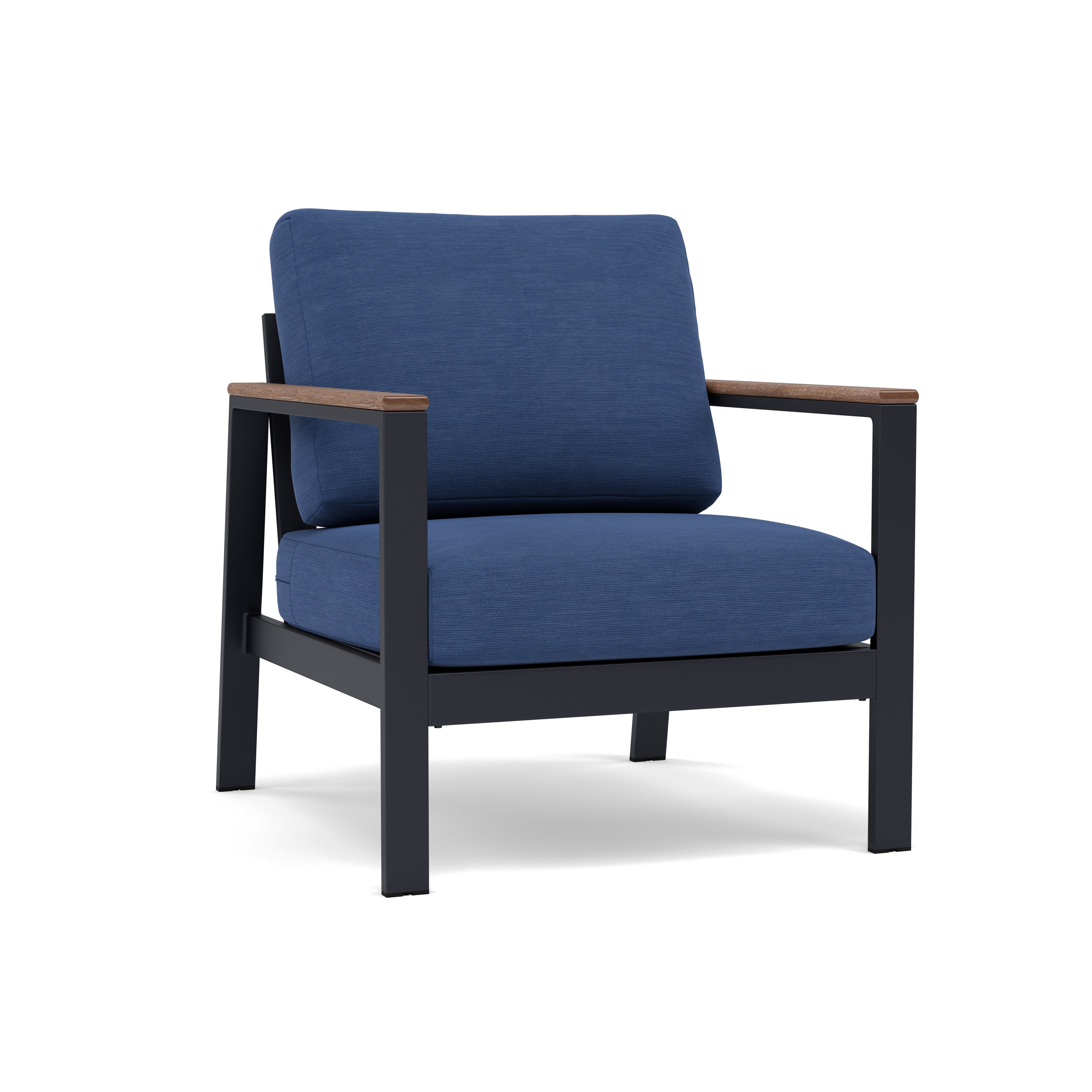 Modern chair with blue cushions and black metal frame, suitable for indoor or outdoor seating.