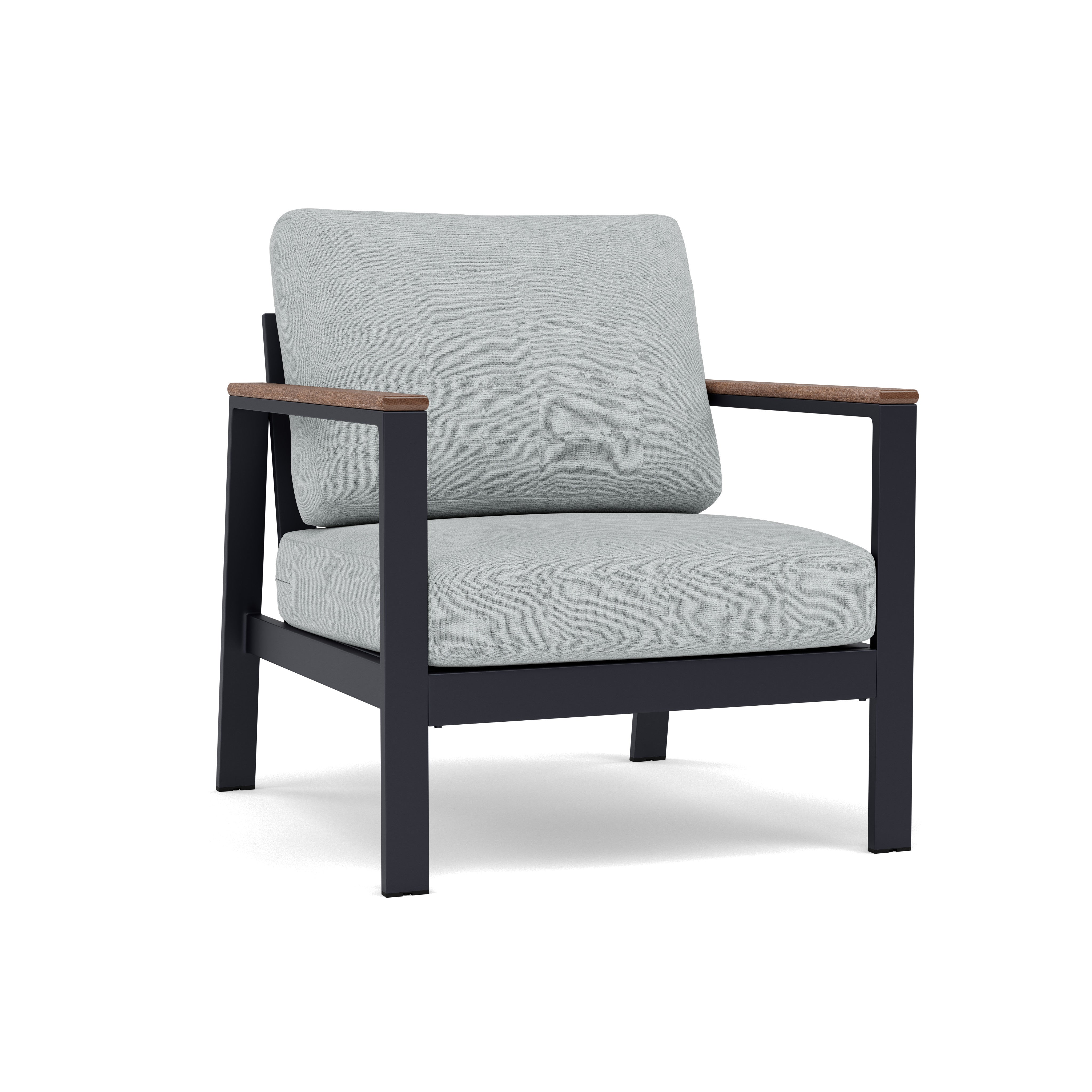 Modern armchair with light gray cushions, black frame, and wooden armrests.