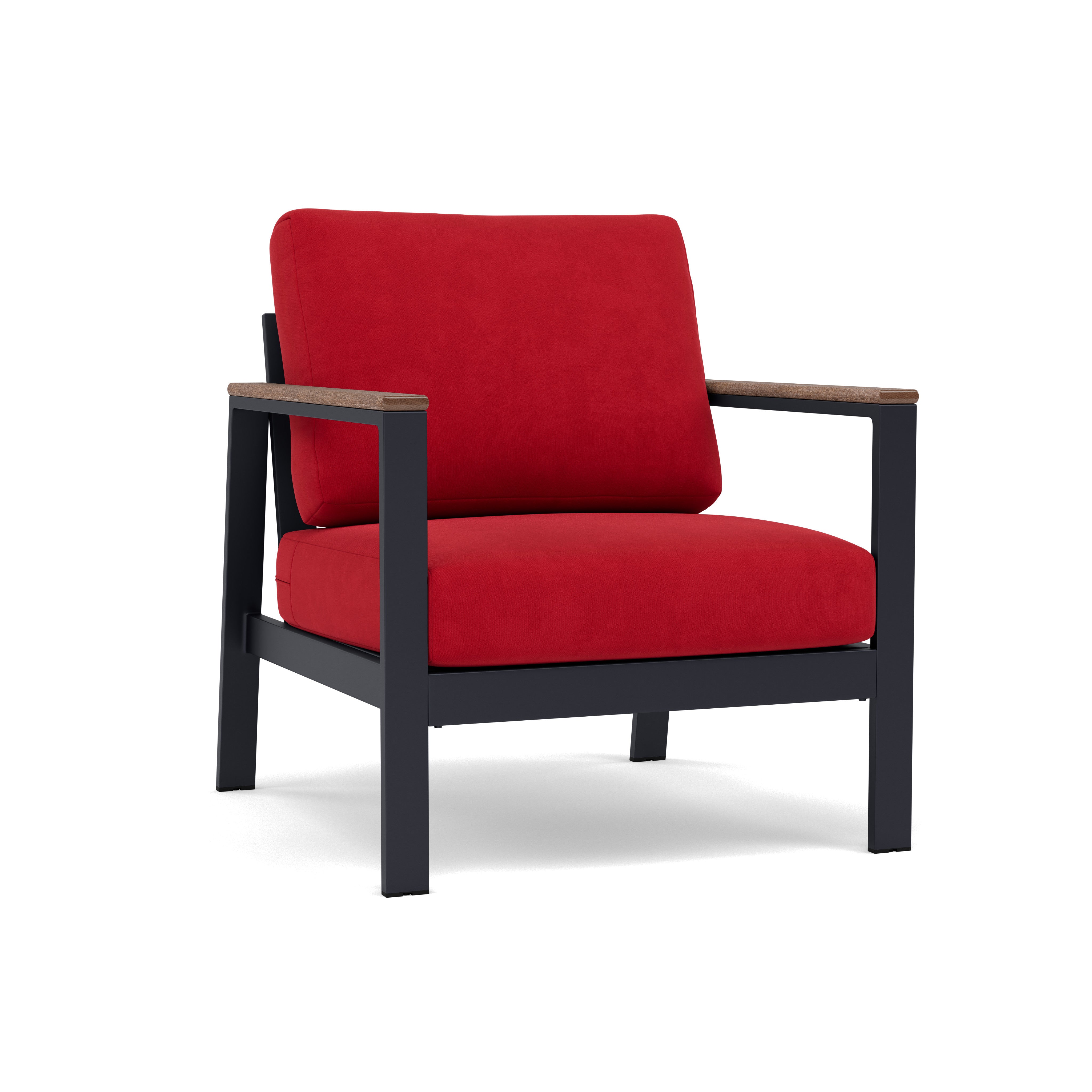 Modern armchair with red cushions and black metal frame.