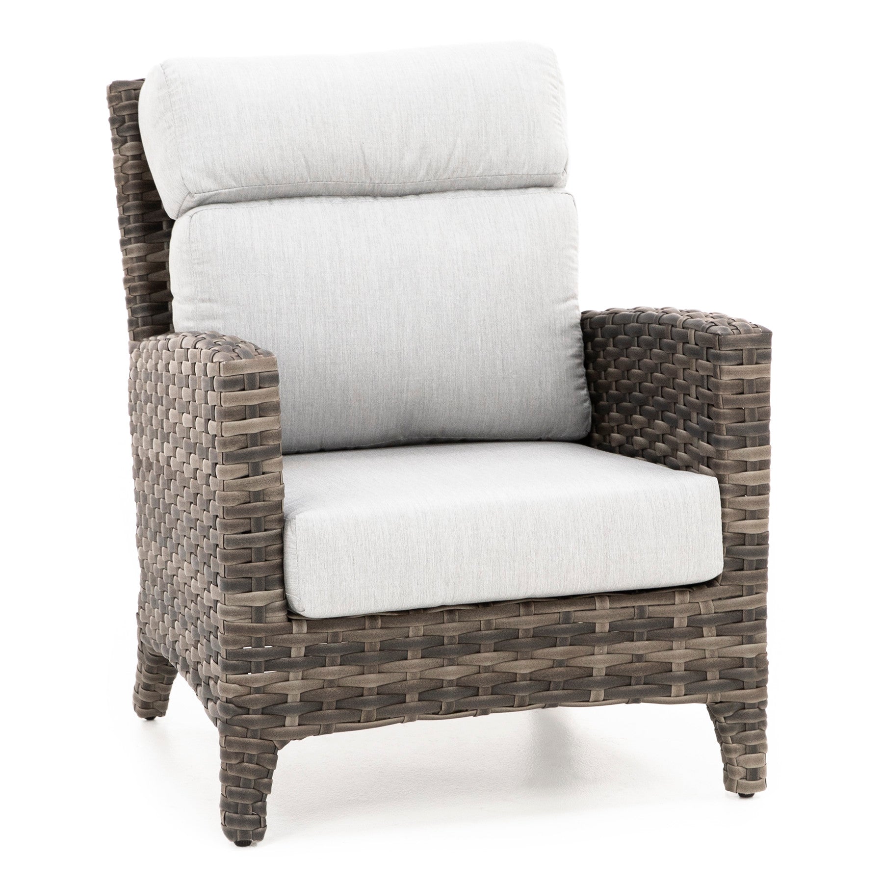 Woven outdoor armchair with light gray cushions.