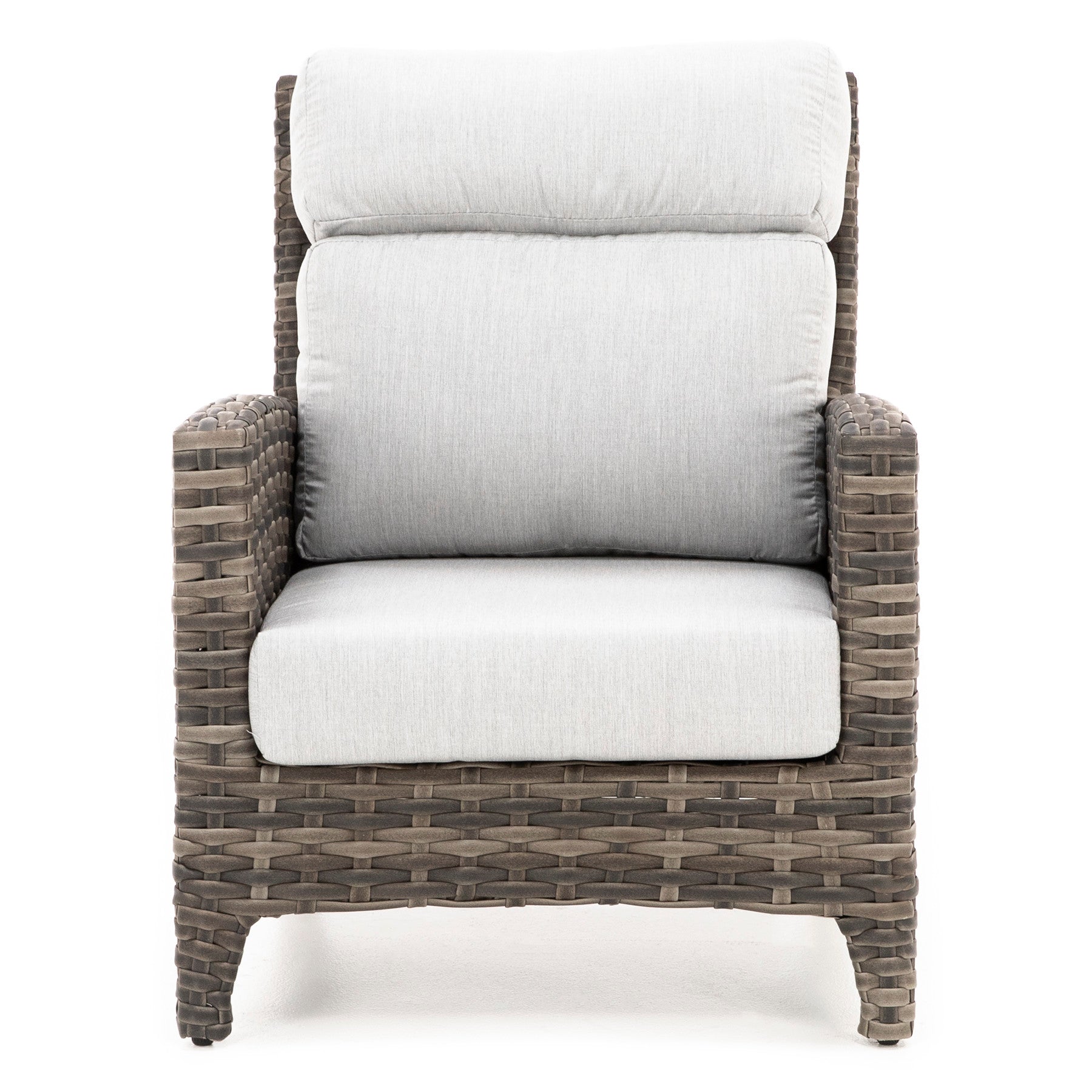 Woven wicker armchair with light gray cushions, front view.
