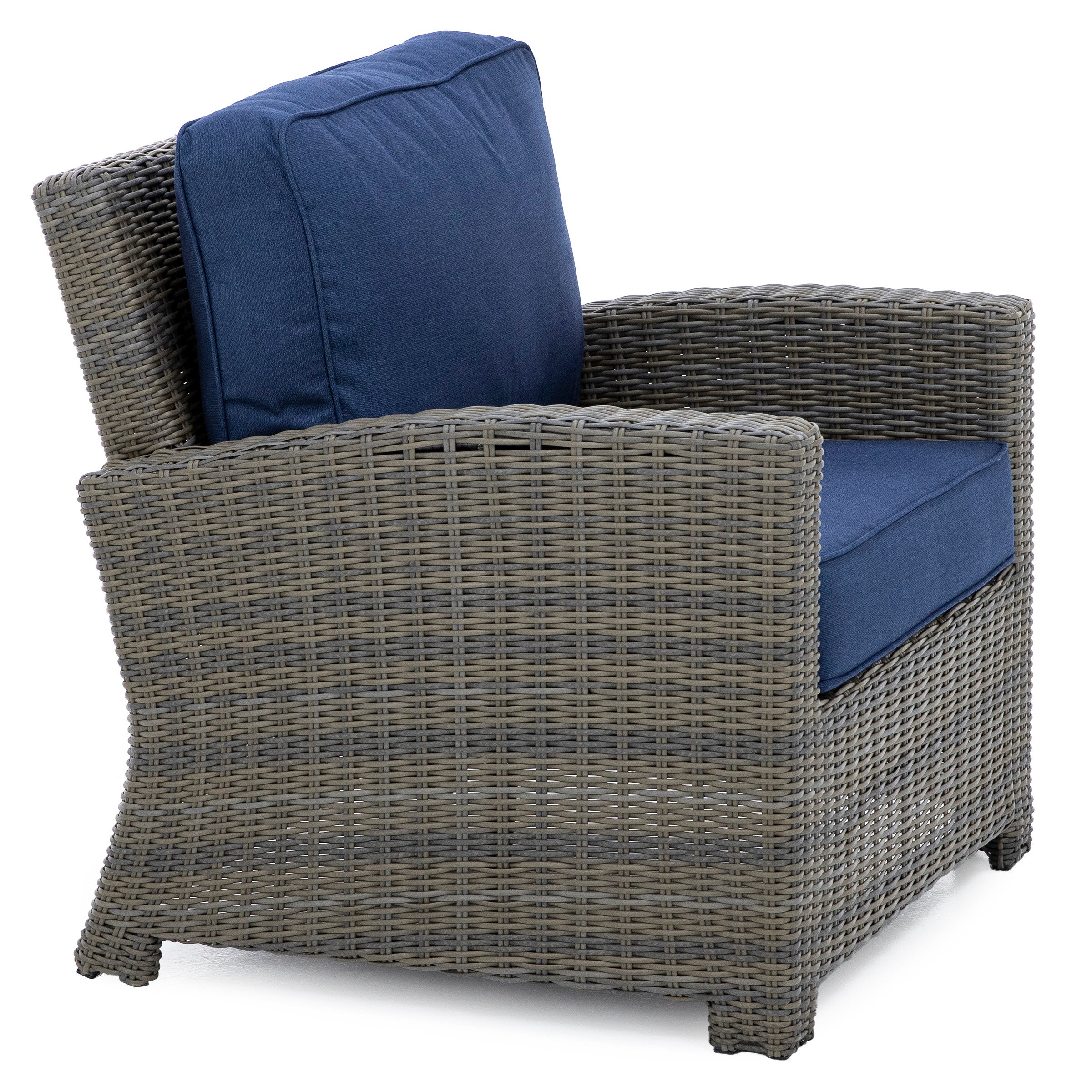 Gray wicker armchair with blue cushions, shown from the side.