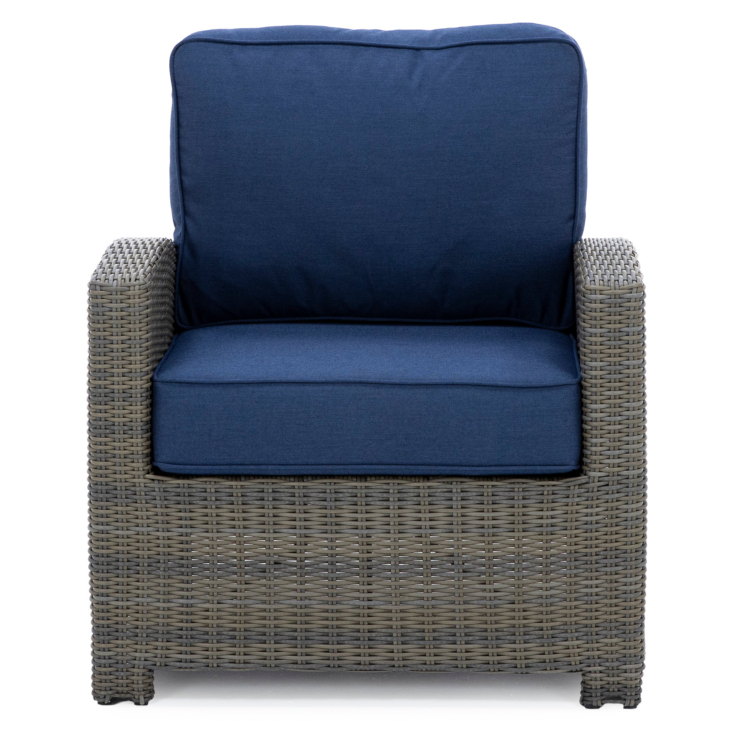 Woven rattan armchair with blue cushions, shown from the front.