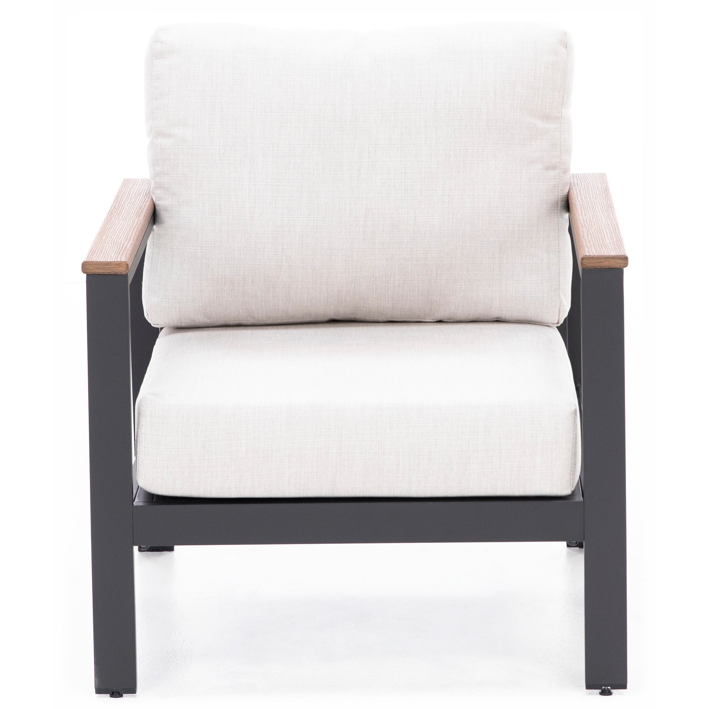 Modern armchair with black metal frame and light beige cushions, front view