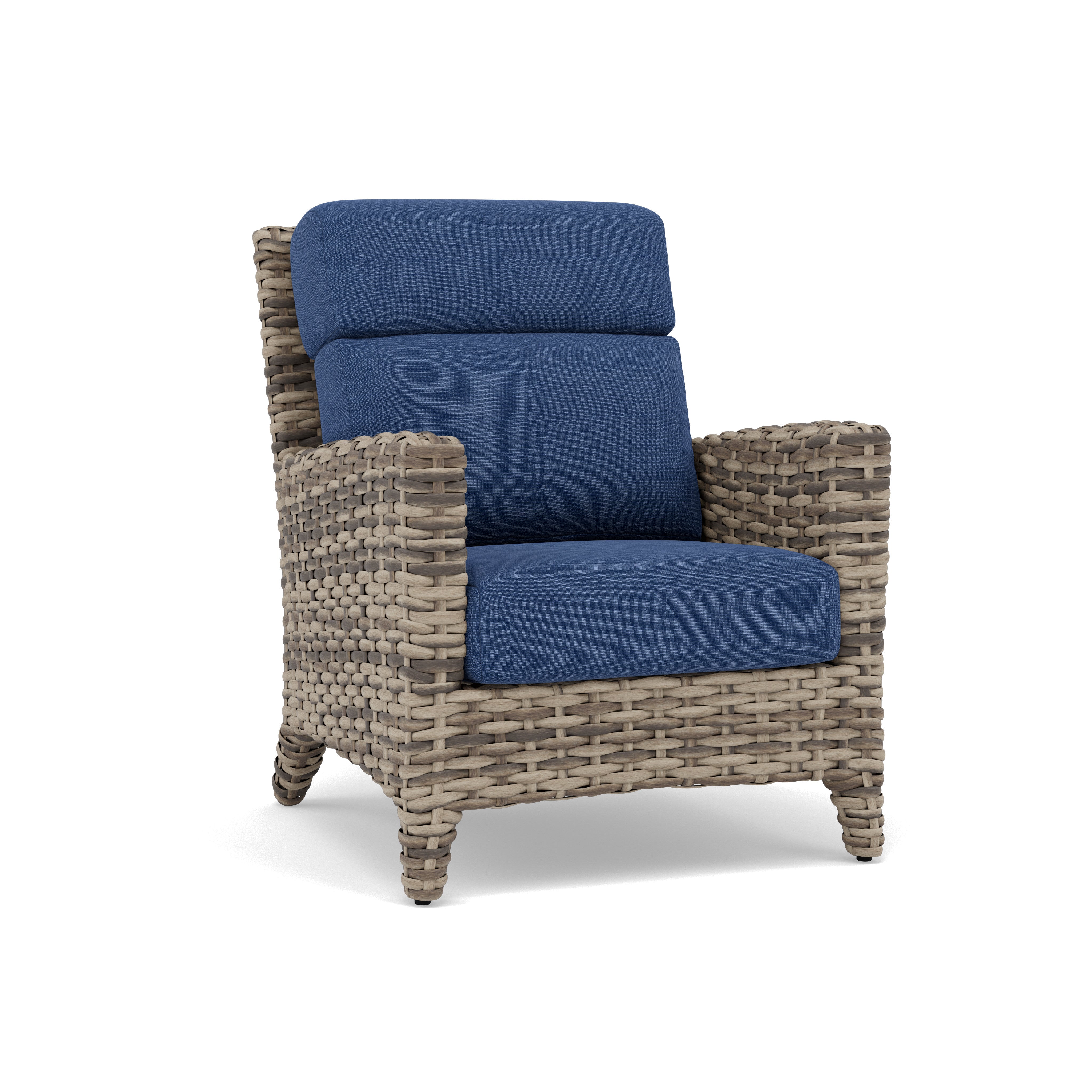 Wicker armchair with blue cushions, designed for indoor or outdoor seating.