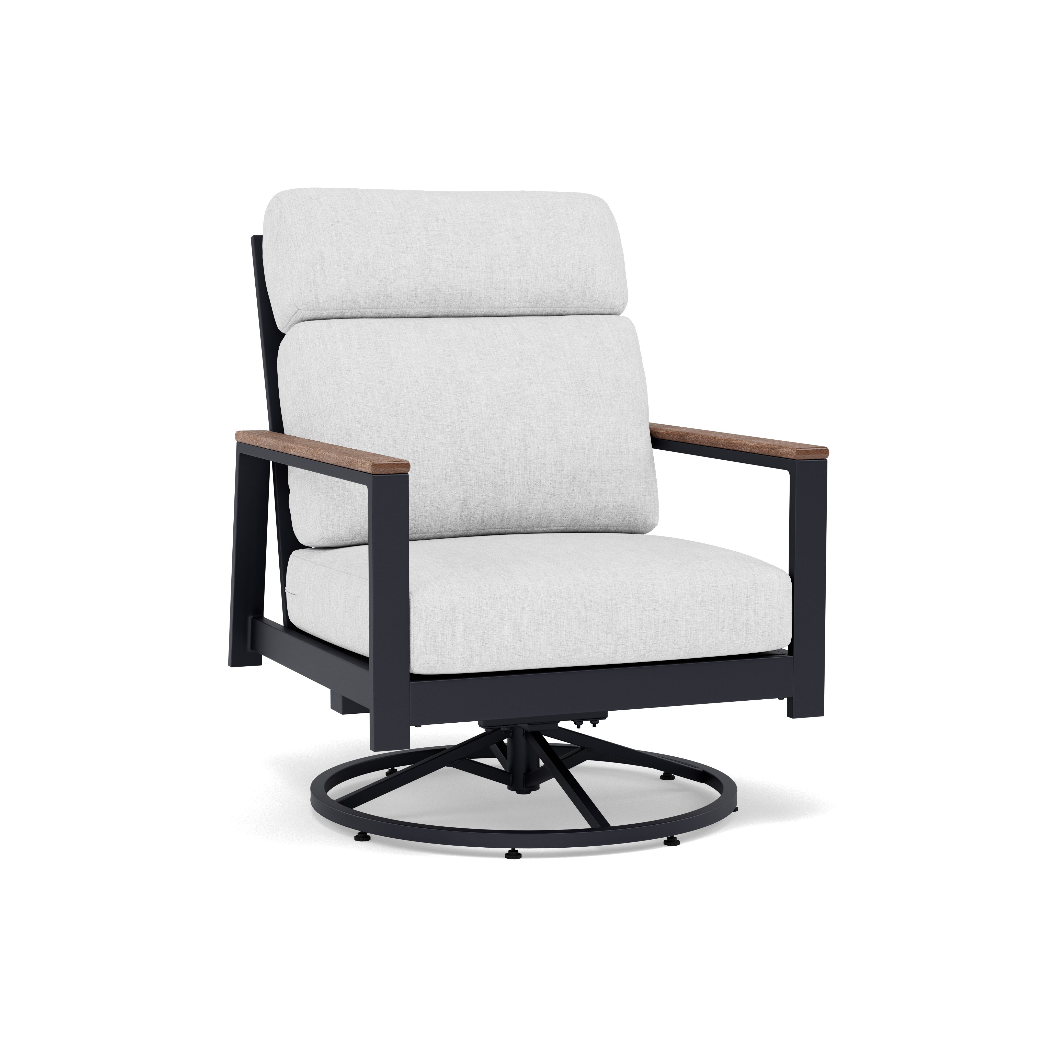 Modern outdoor swivel lounge chair with light gray cushions and black metal frame.