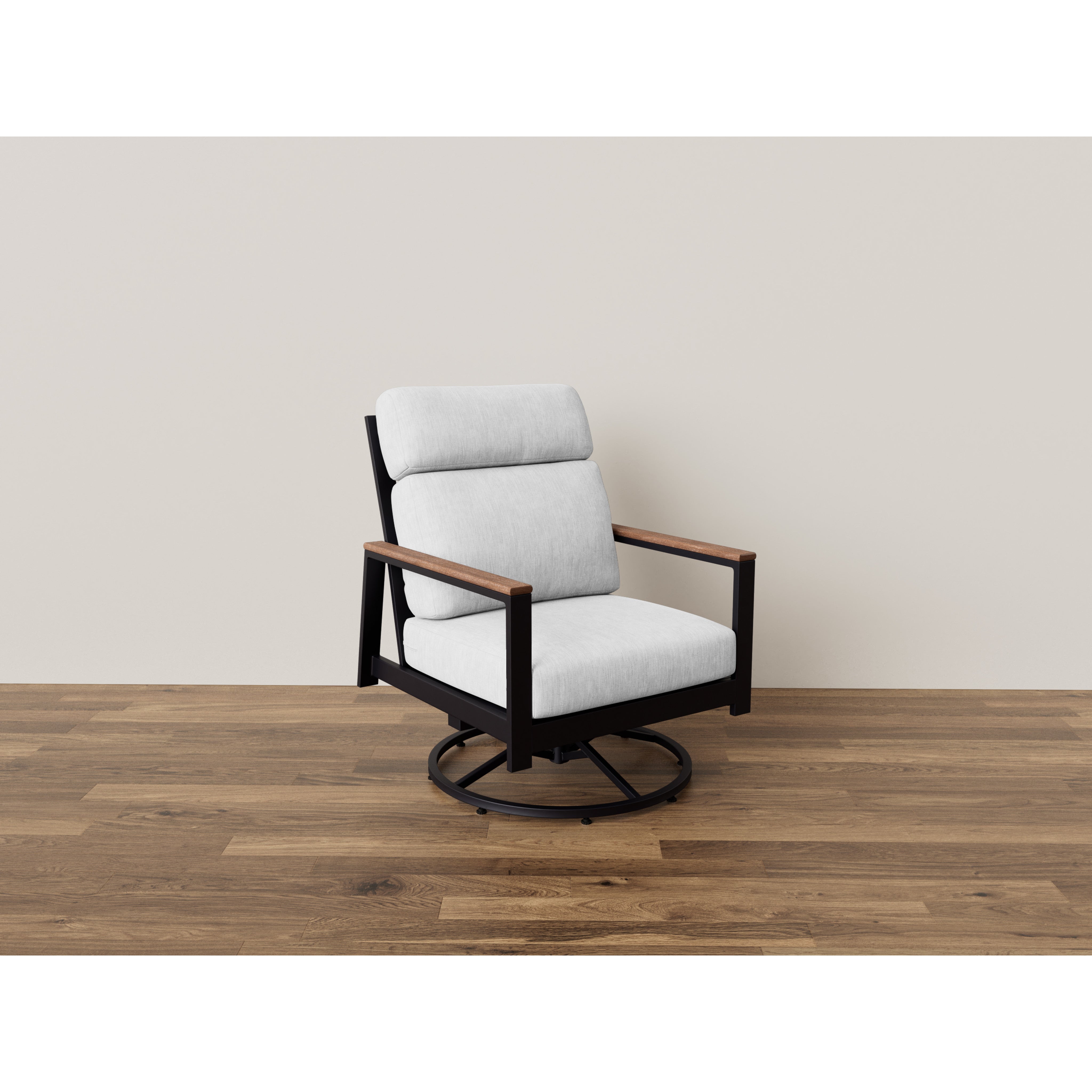 Modern swivel lounge chair with light gray cushions, black metal frame, and wooden armrests.