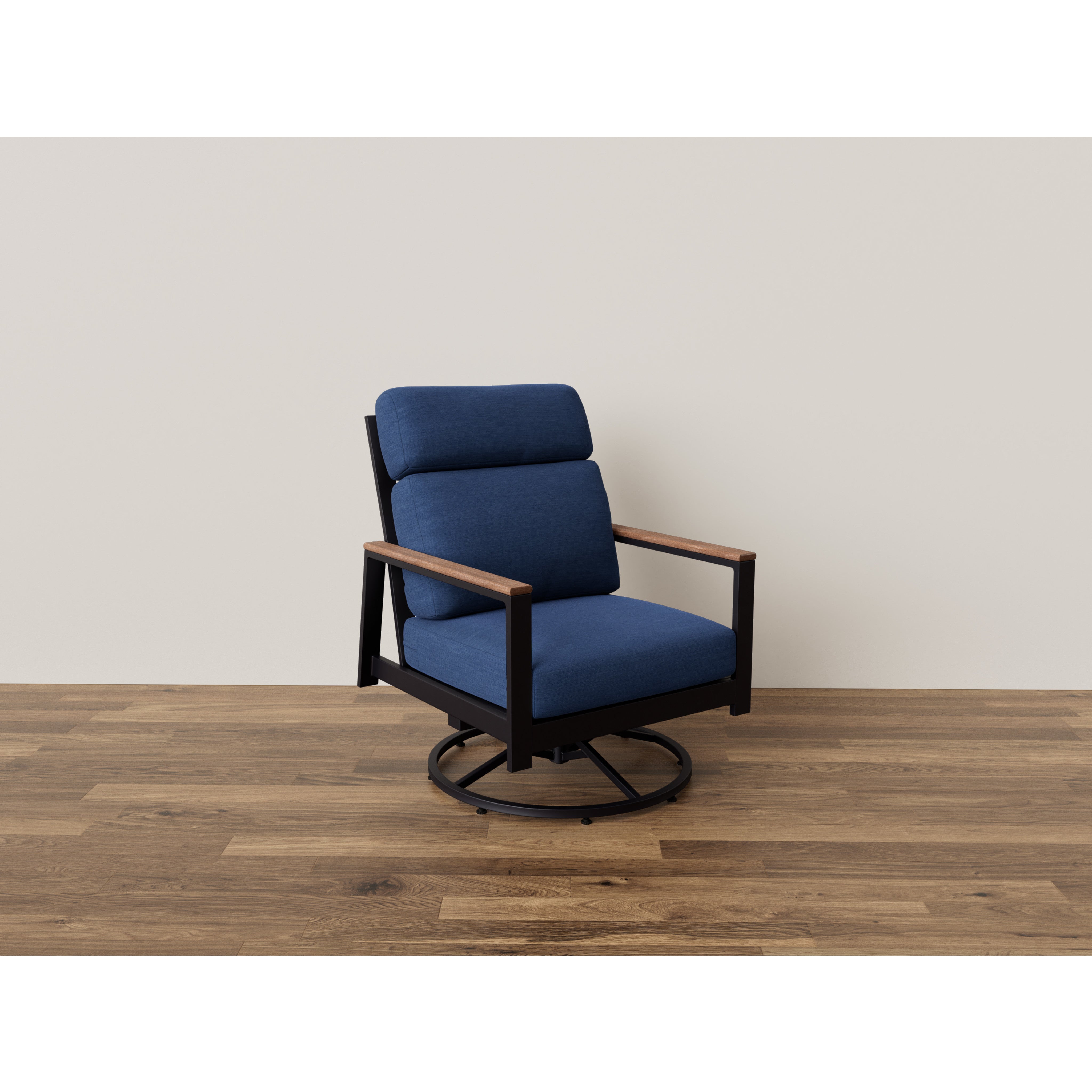 Modern blue cushioned swivel chair with wooden arms on a wooden floor.
