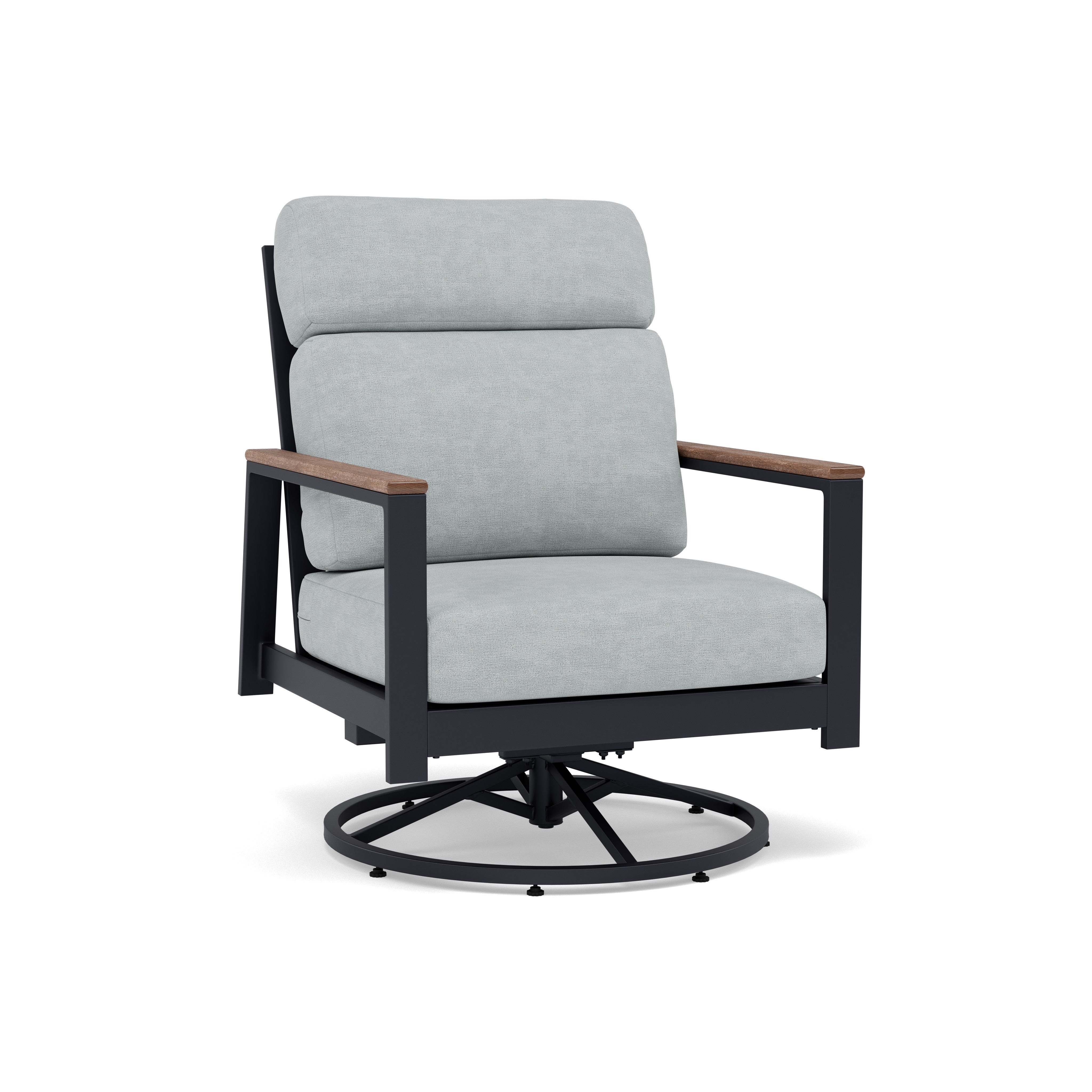 Modern outdoor swivel chair with light gray cushions and black metal frame.