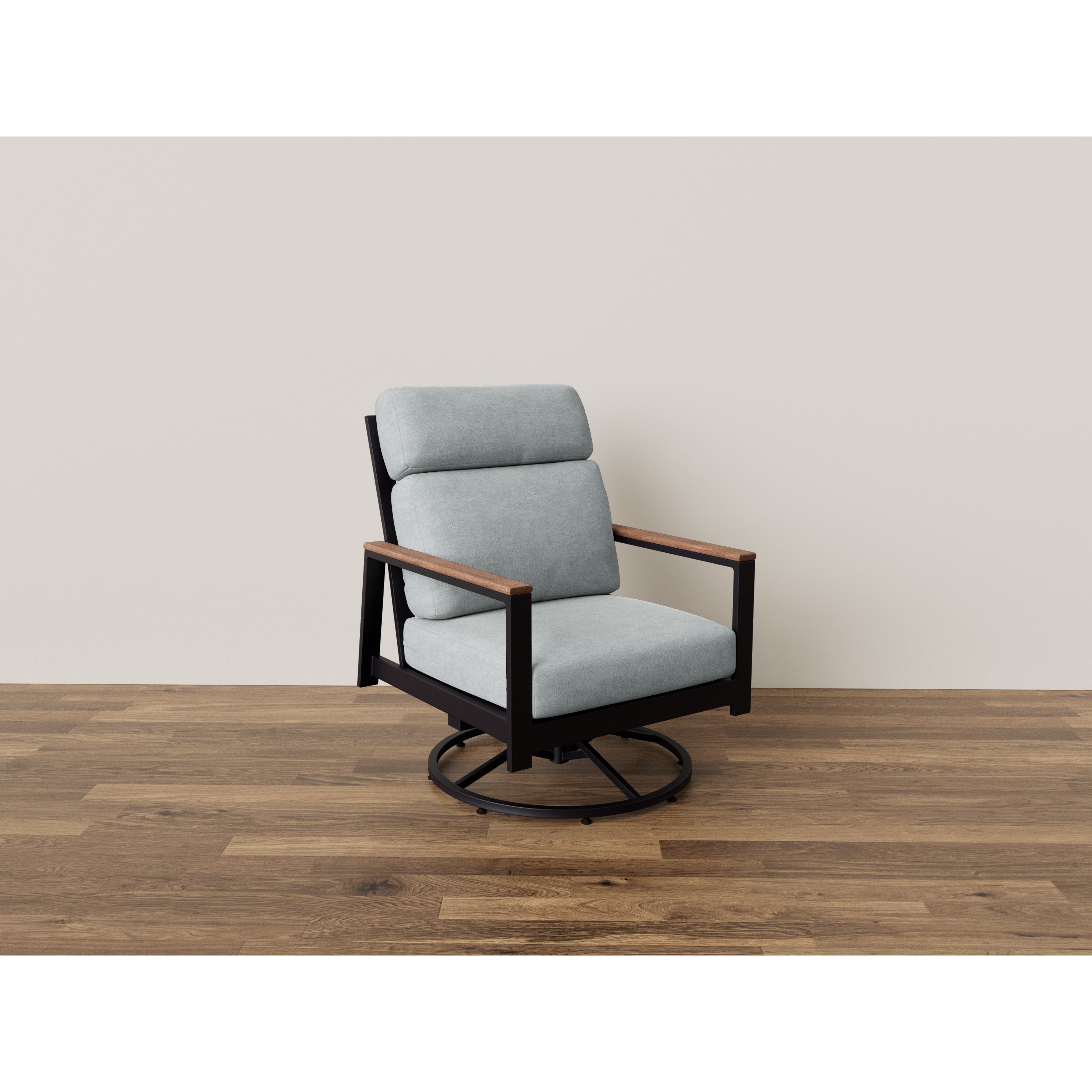 Modern cushioned swivel armchair with wooden arms on hardwood floor.