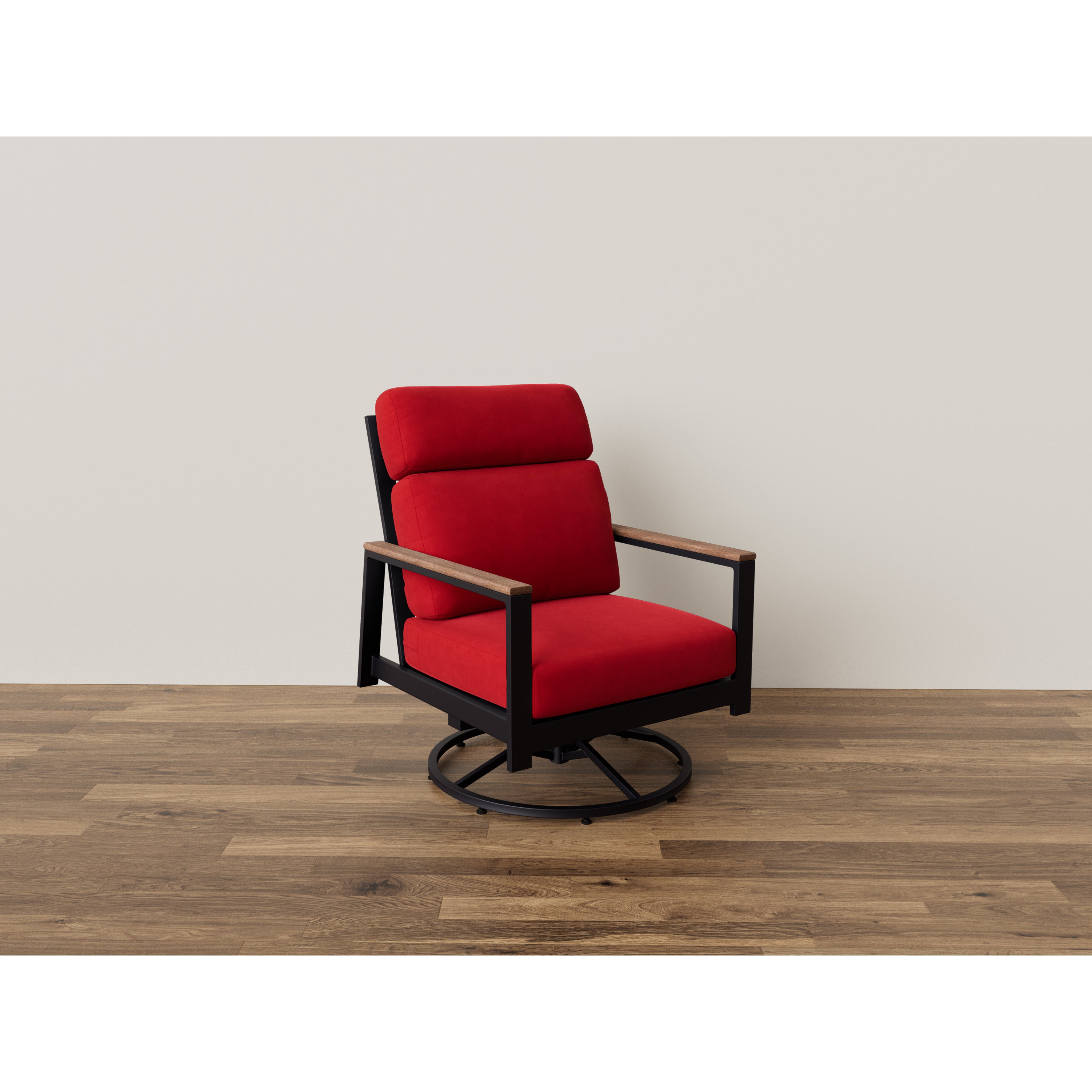 Red cushioned swivel chair with wooden armrests on a hardwood floor.