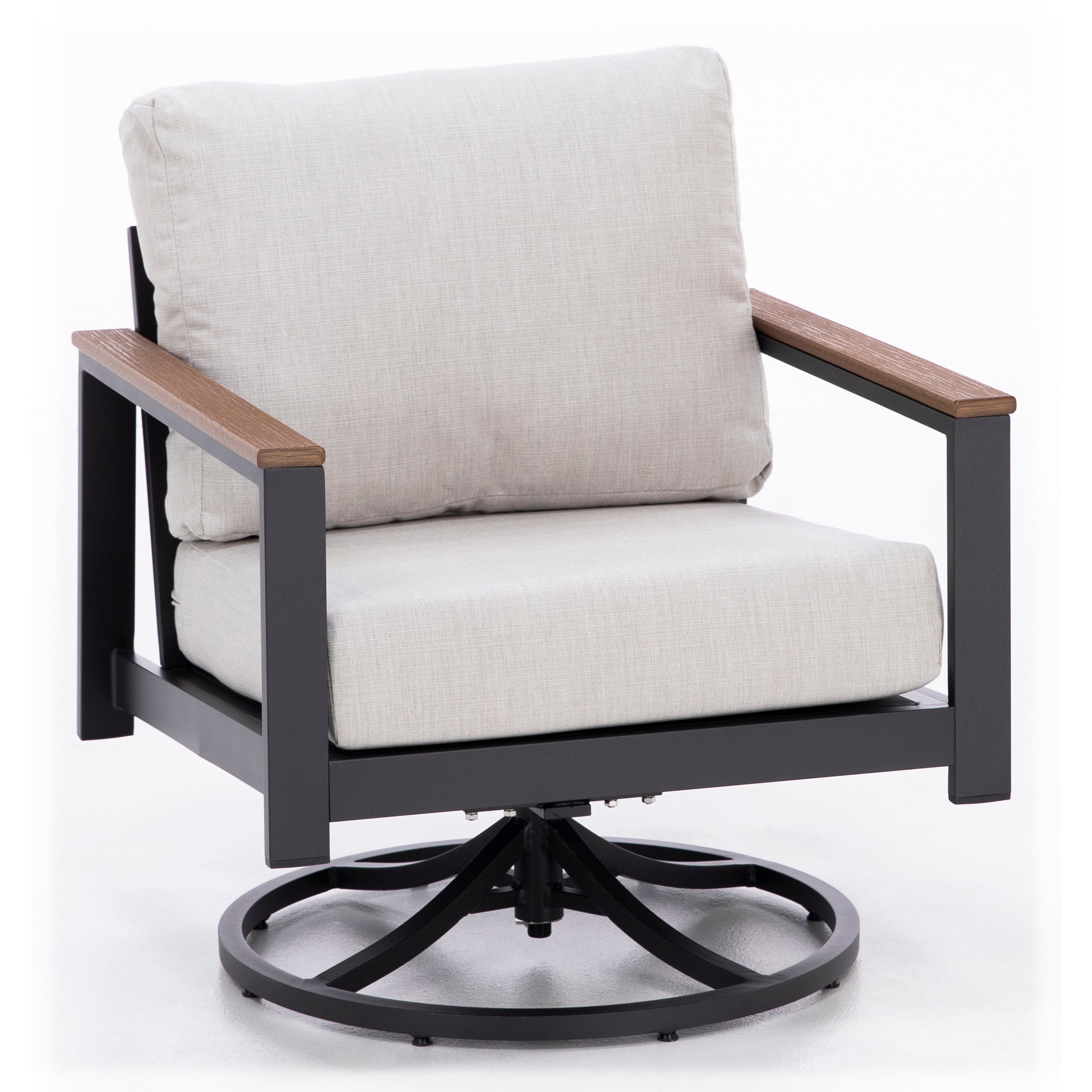 Modern outdoor swivel chair with light gray cushions, black metal frame, and wooden armrests.