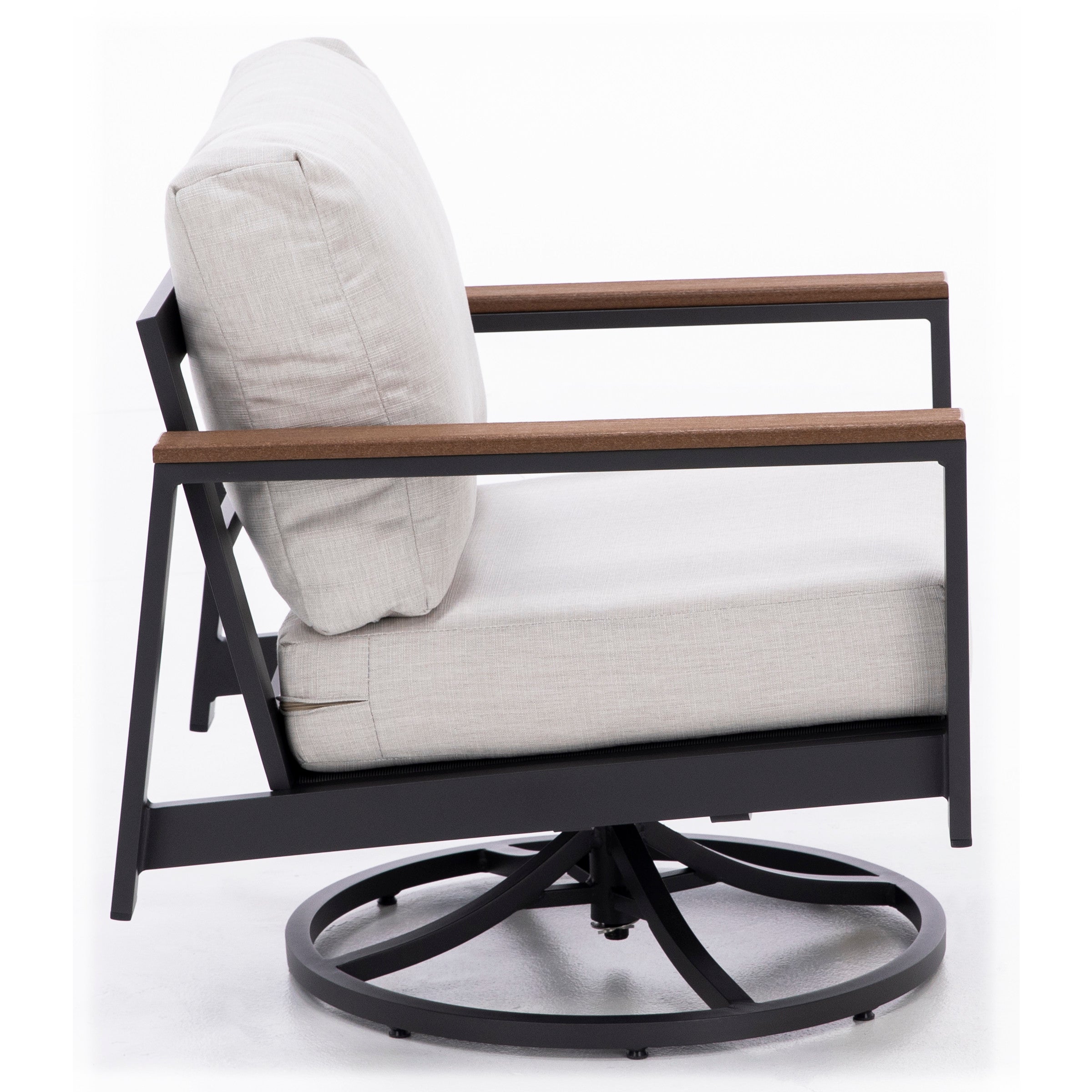 Side view of a modern swivel patio chair with light gray cushions and metal frame.