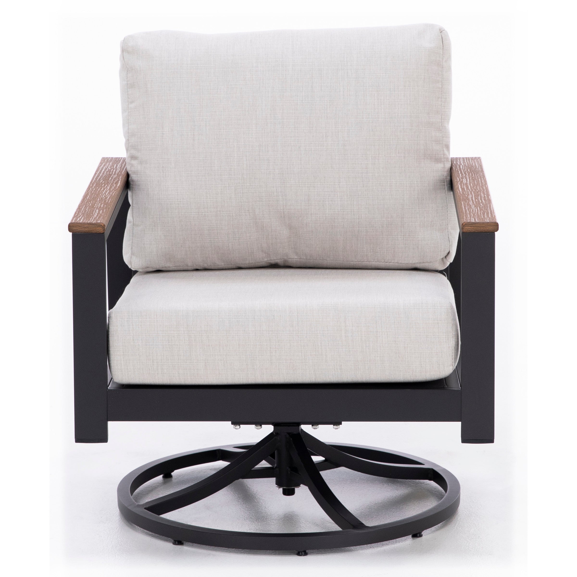 Modern outdoor swivel chair with light gray cushions and black metal frame.