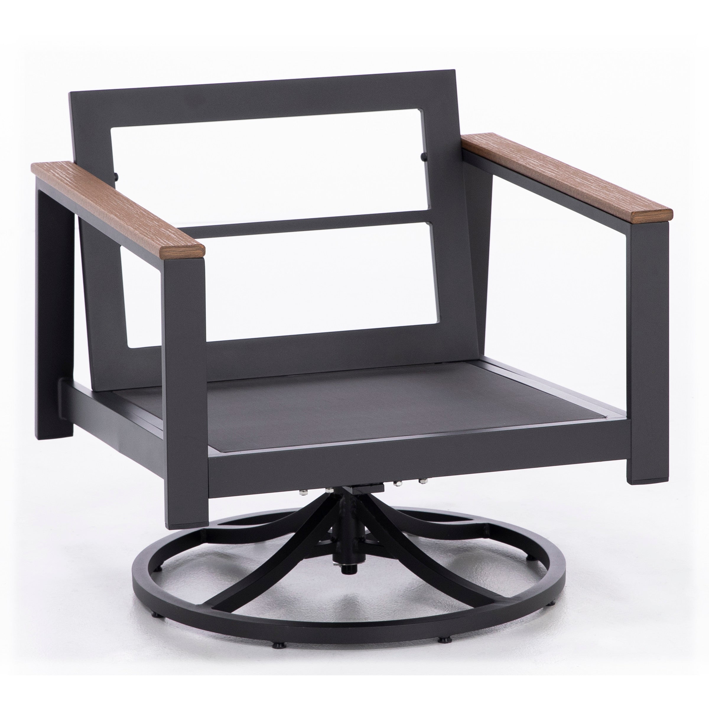 Modern outdoor swivel chair with black metal frame and wood armrests.