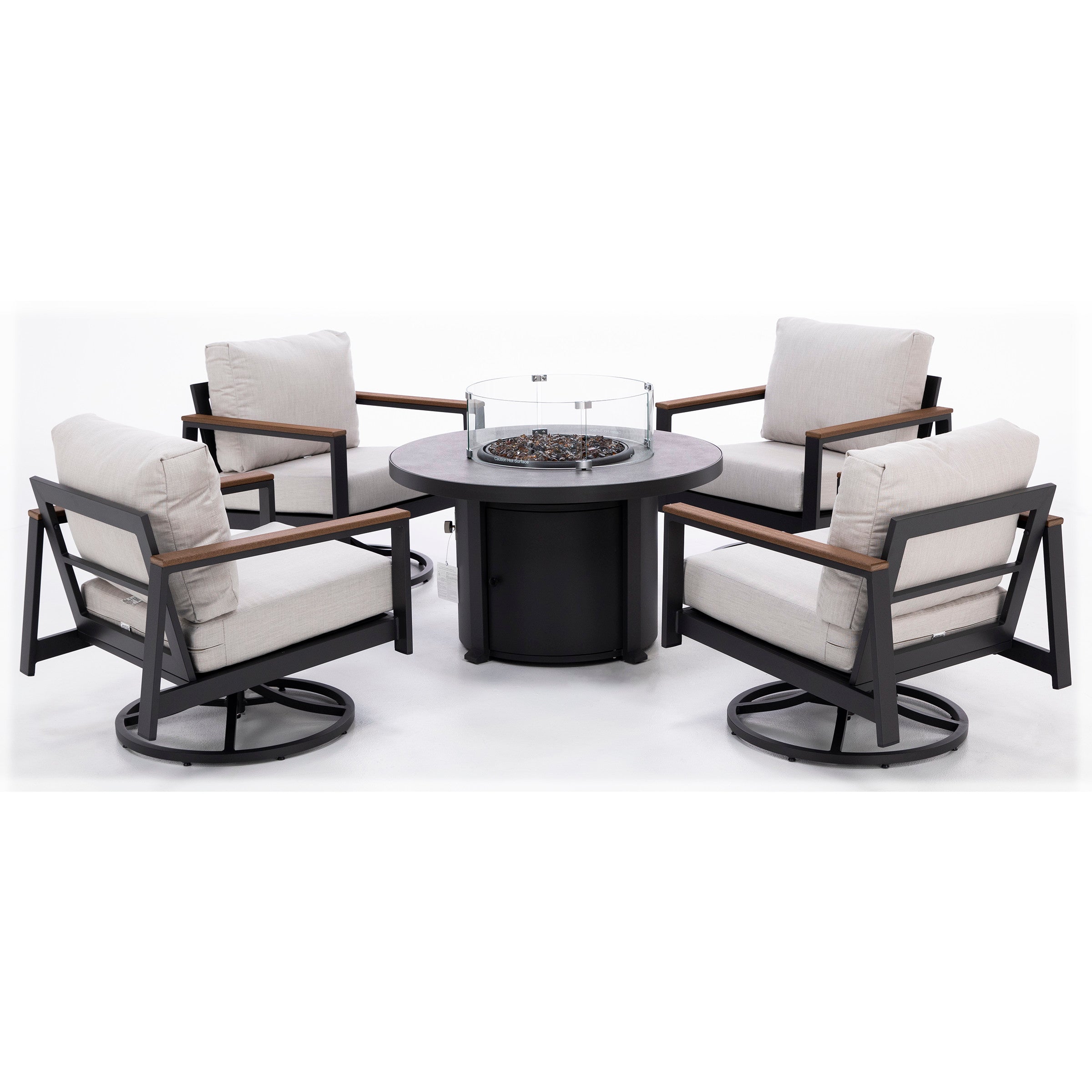 Outdoor patio set with four cushioned chairs and a round fire pit table.