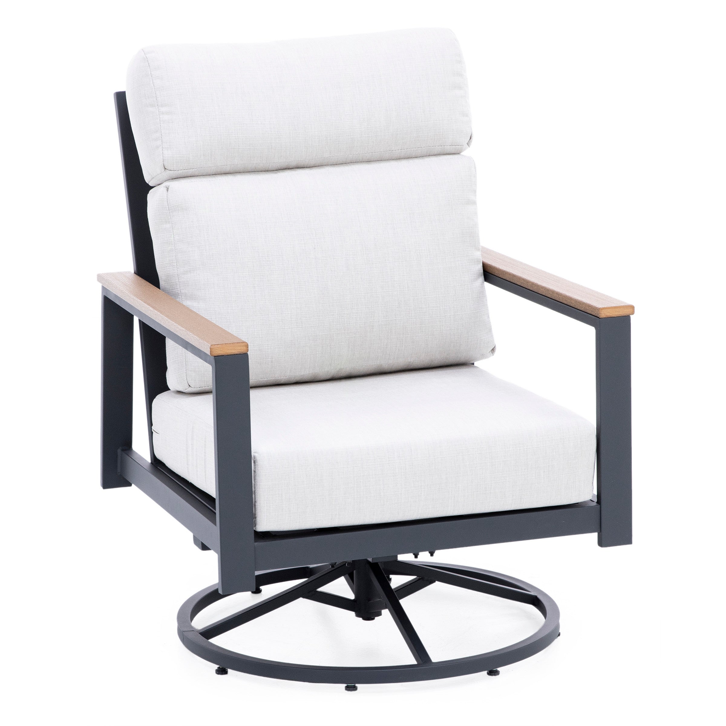 Modern outdoor lounge chair with light gray cushions and metal frame.