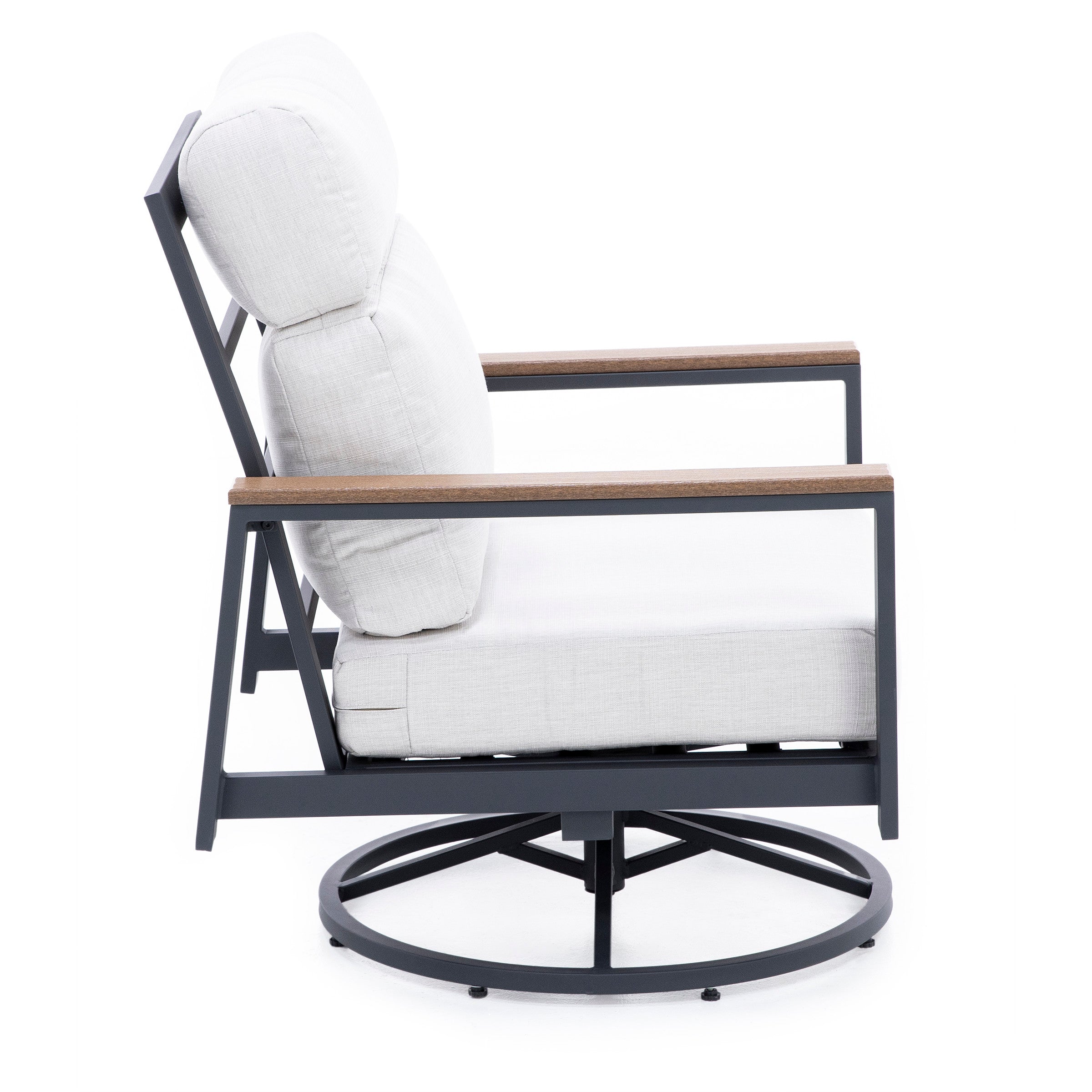Side view of a cushioned outdoor swivel chair with metal frame and wood armrests.