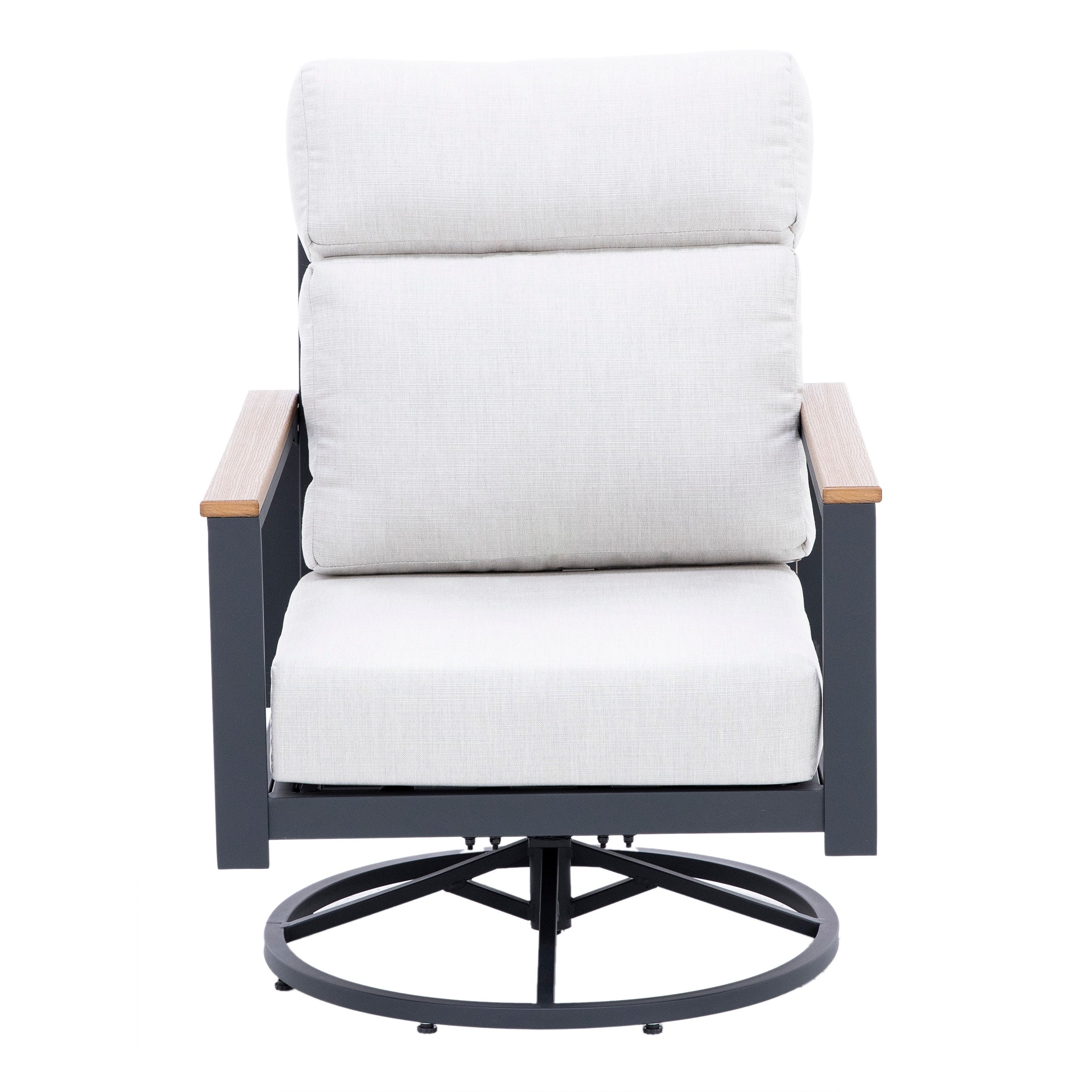 Modern outdoor swivel lounge chair with light gray cushions and metal frame.