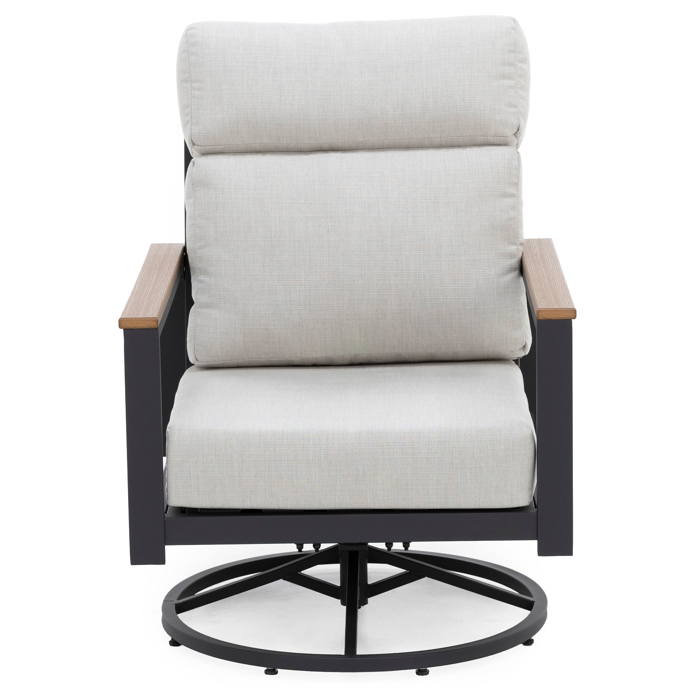 Modern swivel lounge chair with light gray cushions and black metal frame.