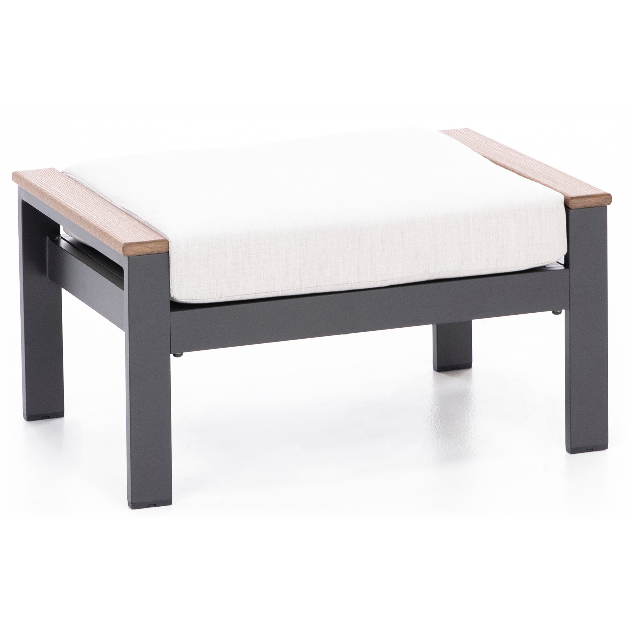 Modern ottoman with a white cushion, black metal frame, and wood armrests.