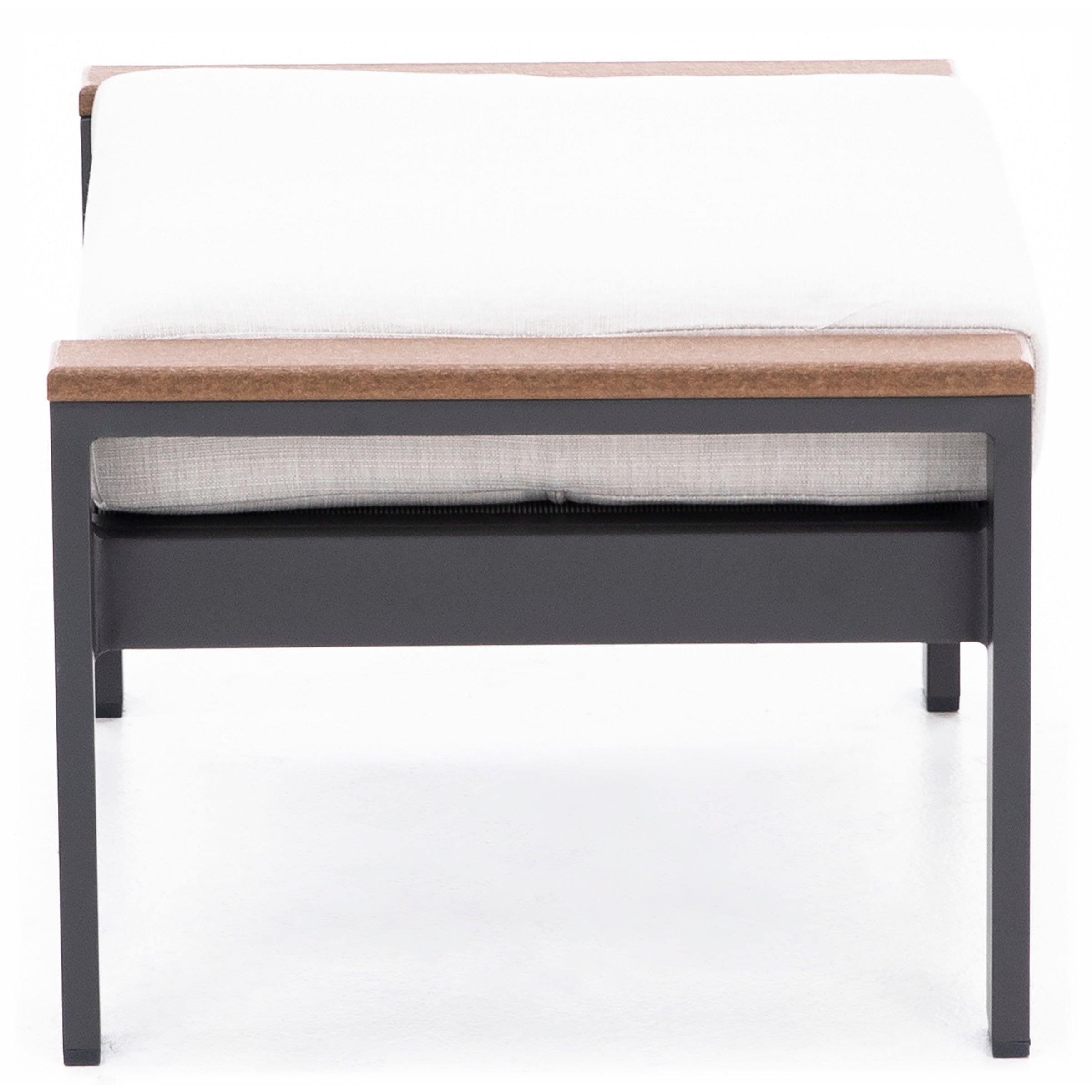 Modern rectangular bench with a white cushion and dark metal frame.