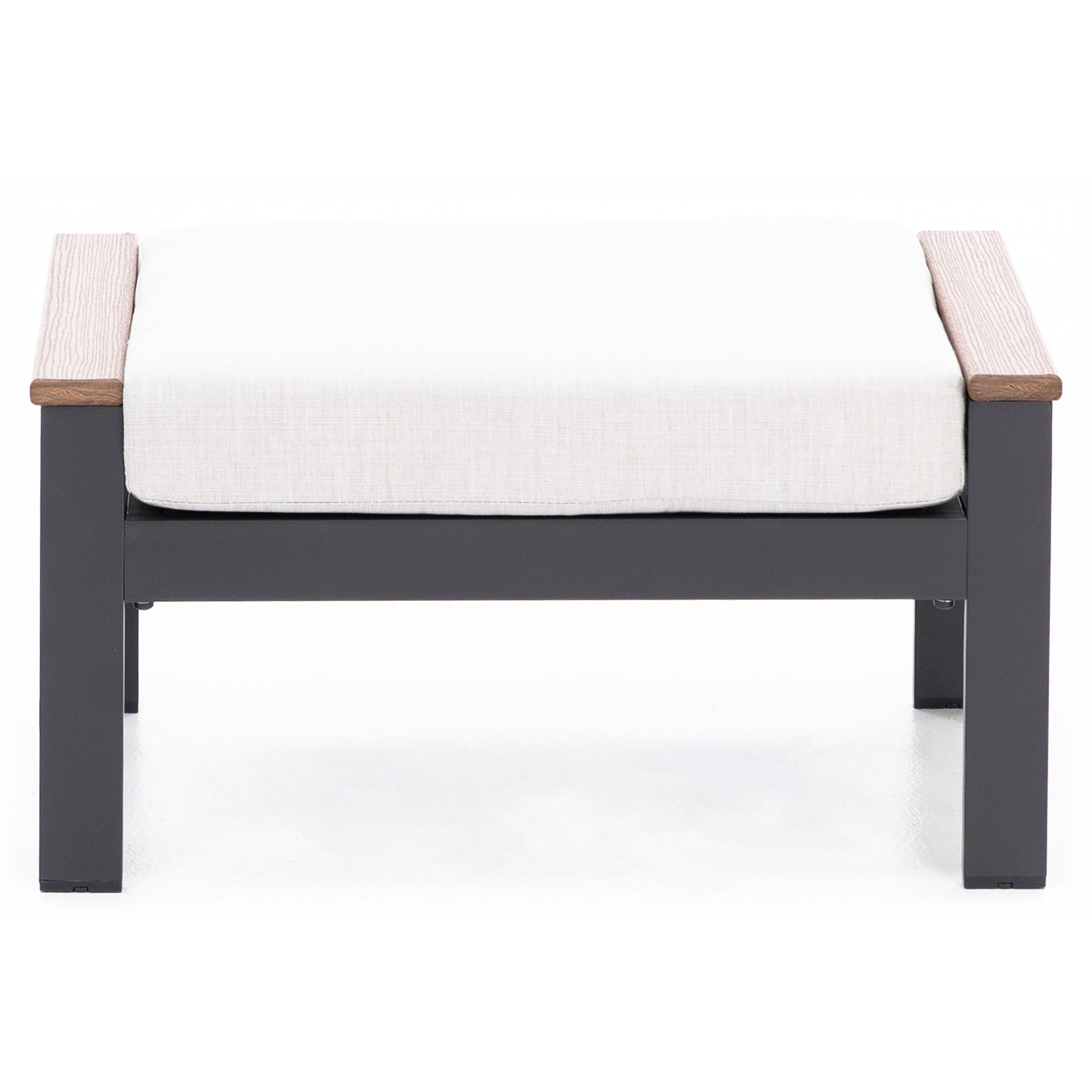 Modern bench with light cushion, black metal frame, and wood armrests, shown from the front.