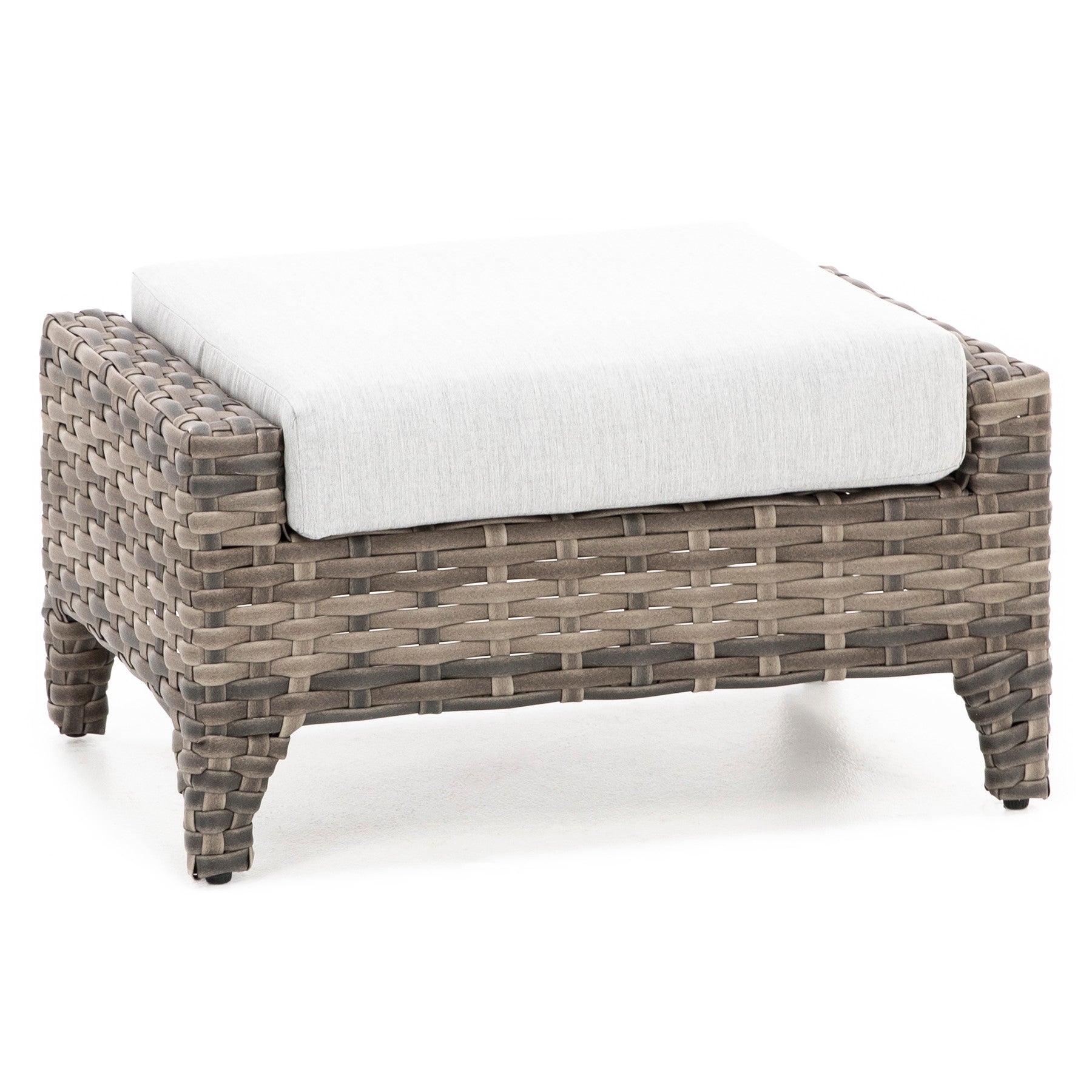 Woven outdoor ottoman with a light gray cushion.