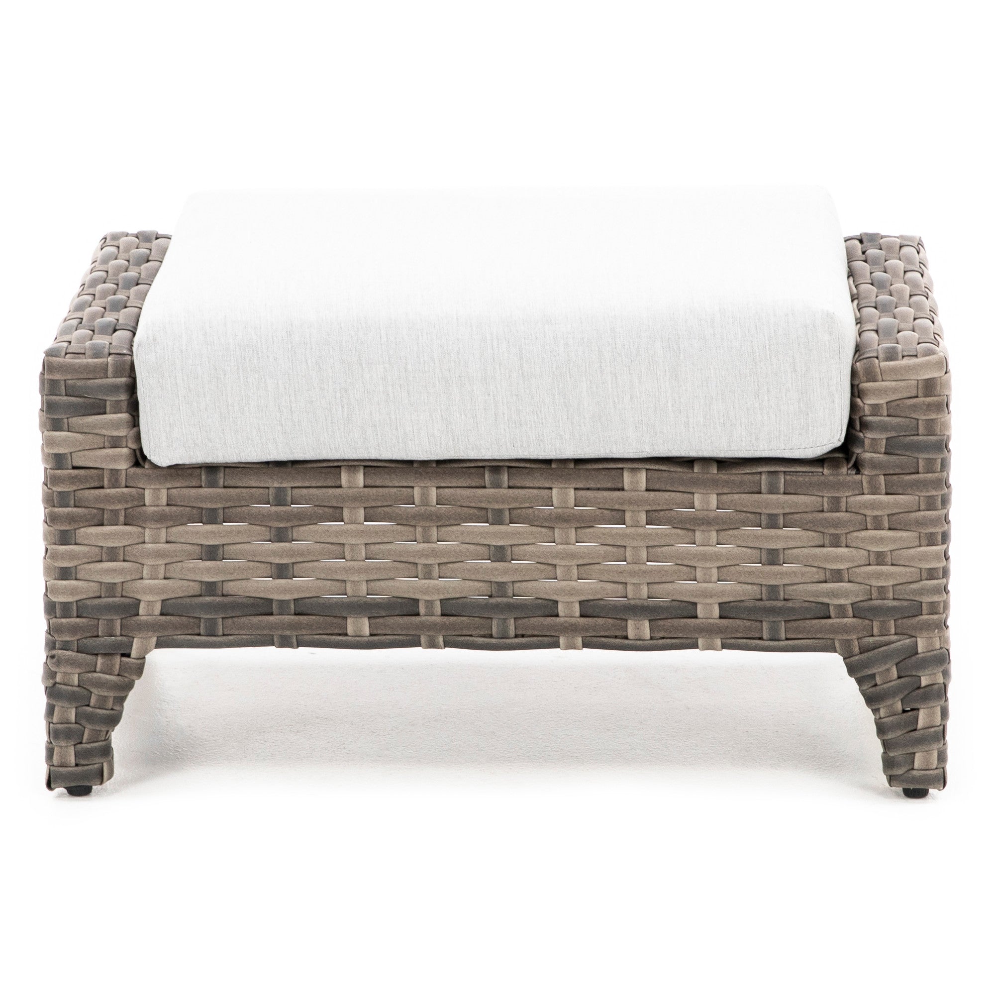 Wicker ottoman with light gray cushion.