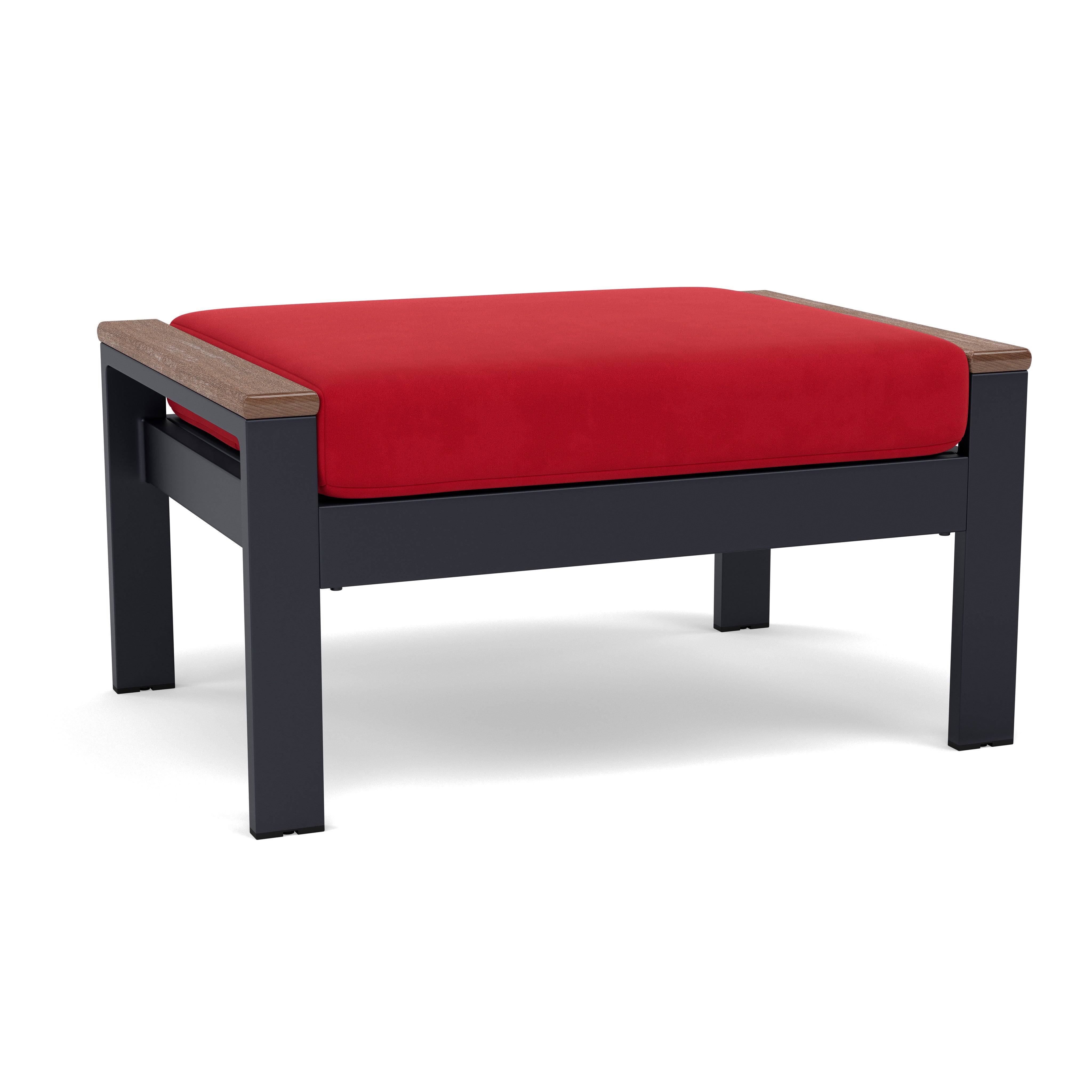 Outdoor ottoman with black frame, wood accents, and red cushion.