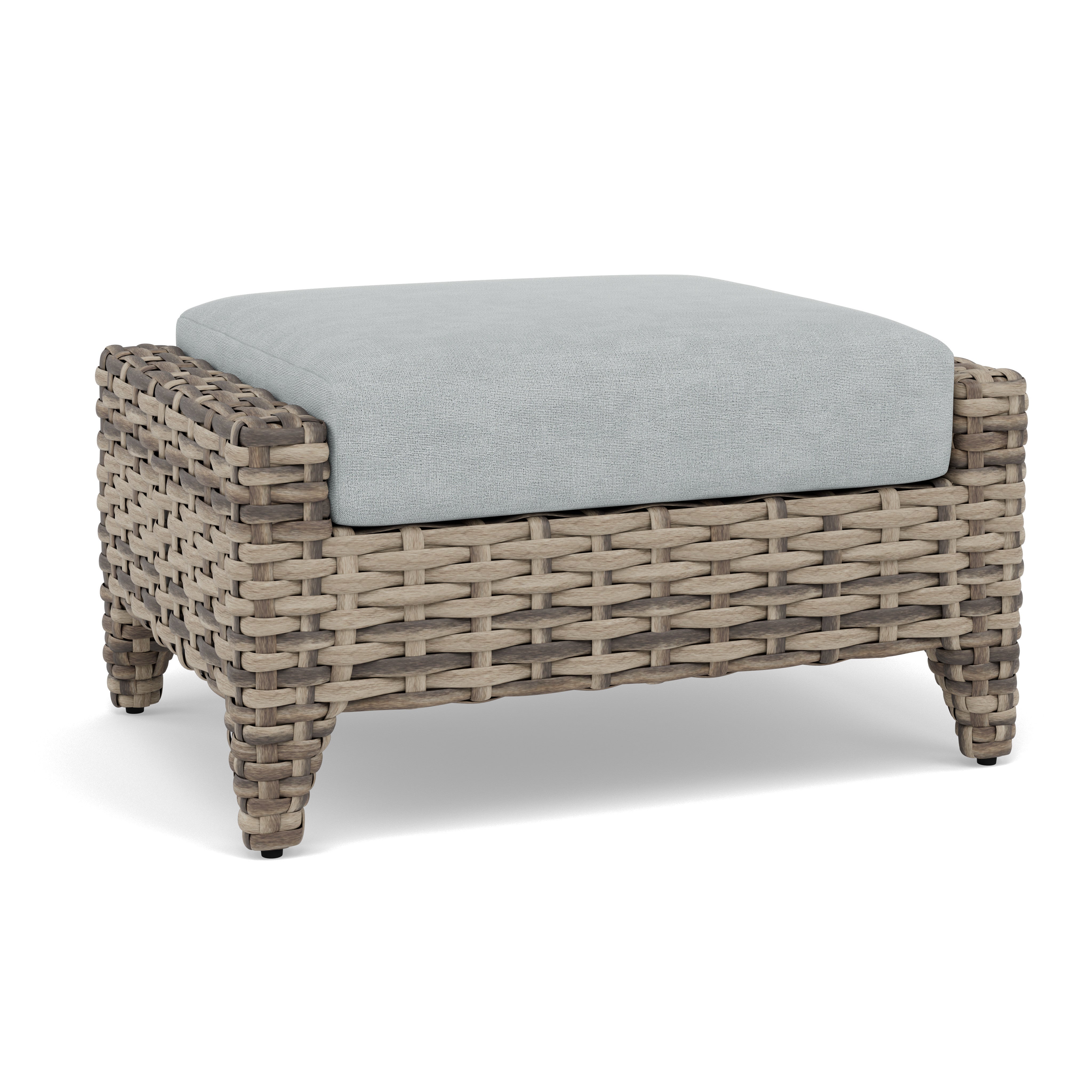 Woven outdoor ottoman with light gray cushion.