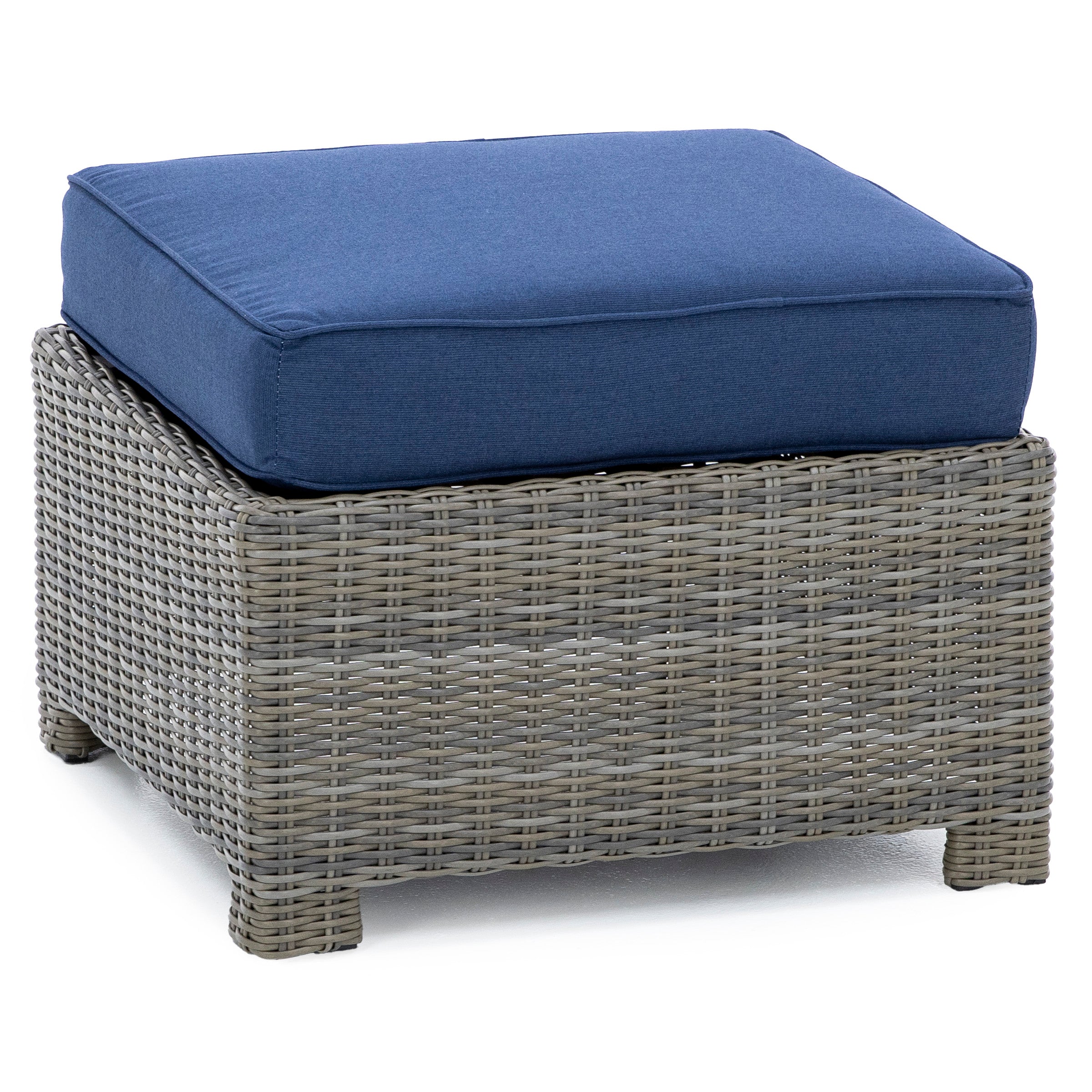 Square outdoor ottoman with gray wicker base and blue cushion.