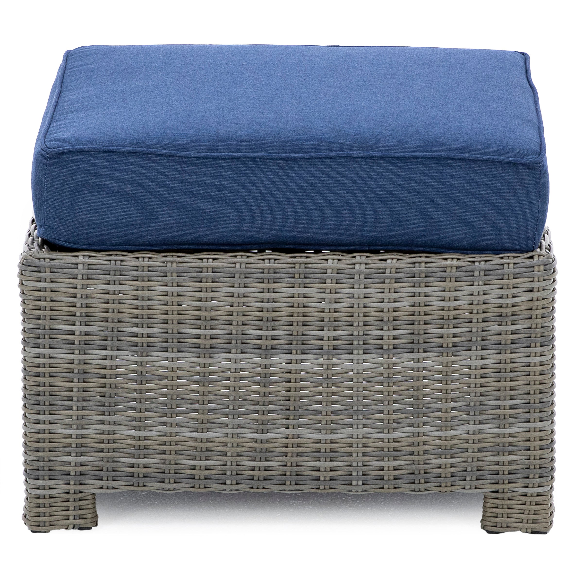 Gray wicker ottoman with a blue cushion, viewed from the front.