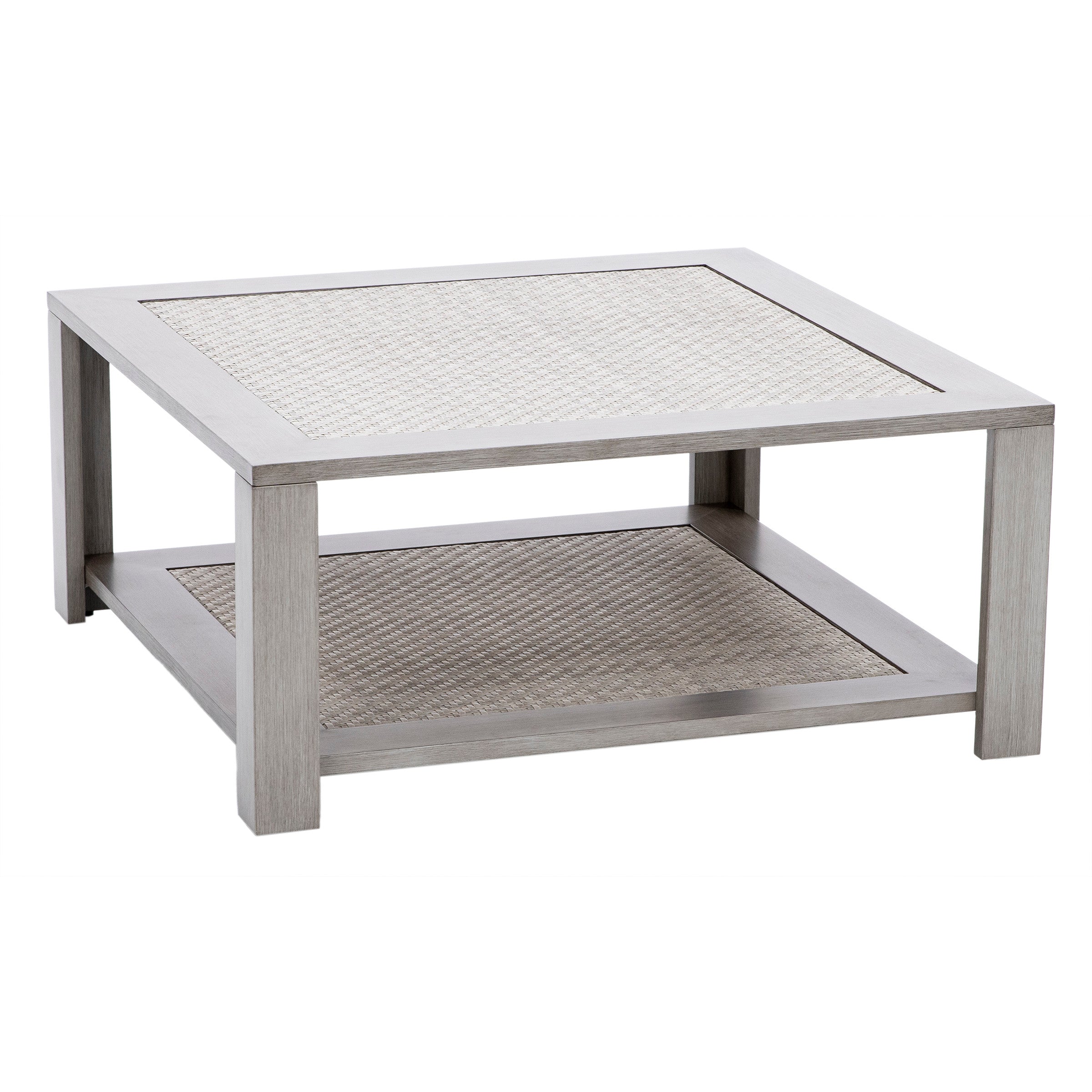 Square coffee table with a light wood frame and woven rattan top and lower shelf.