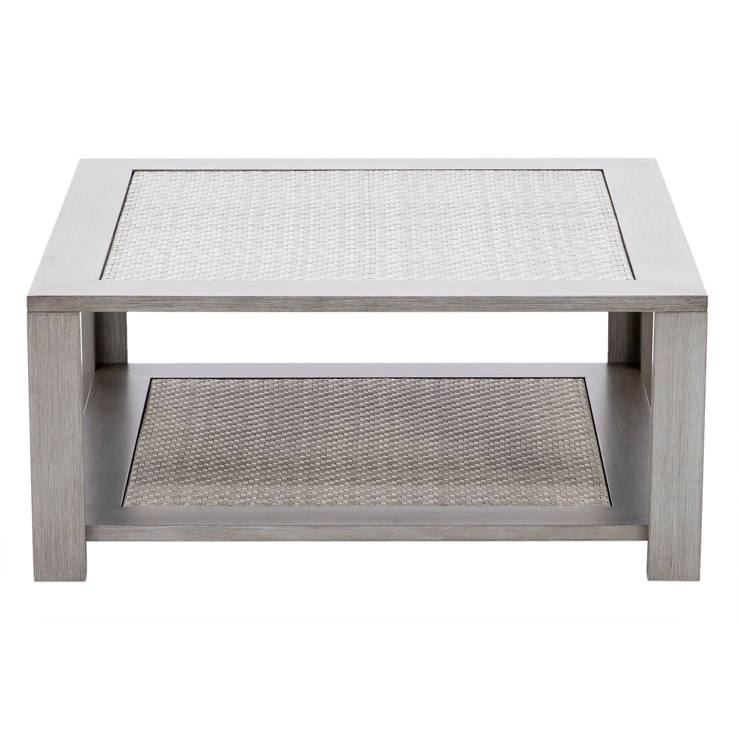 Square end table with woven panel detail and lower shelf.