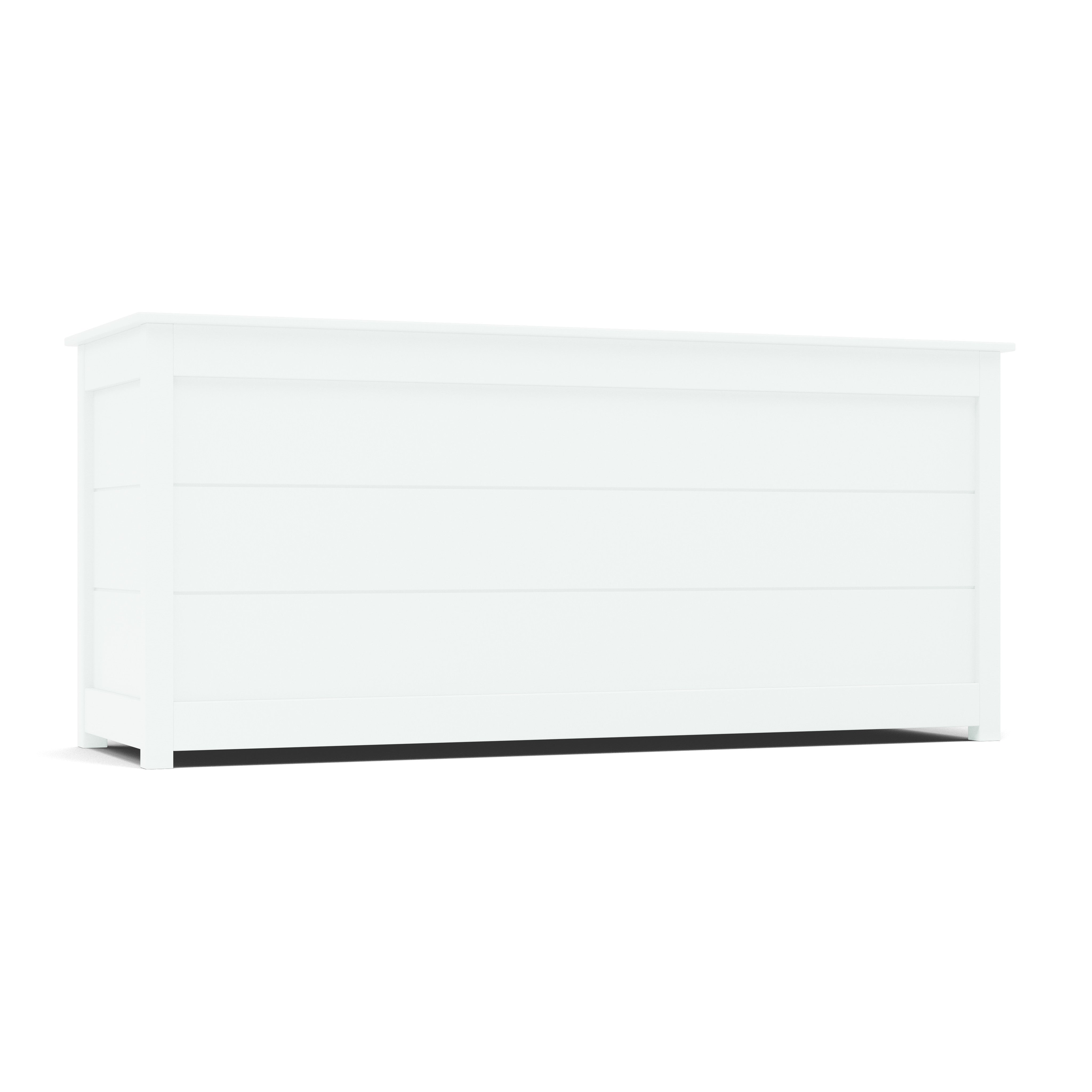 White dresser with four horizontal panels, shown from the back.
