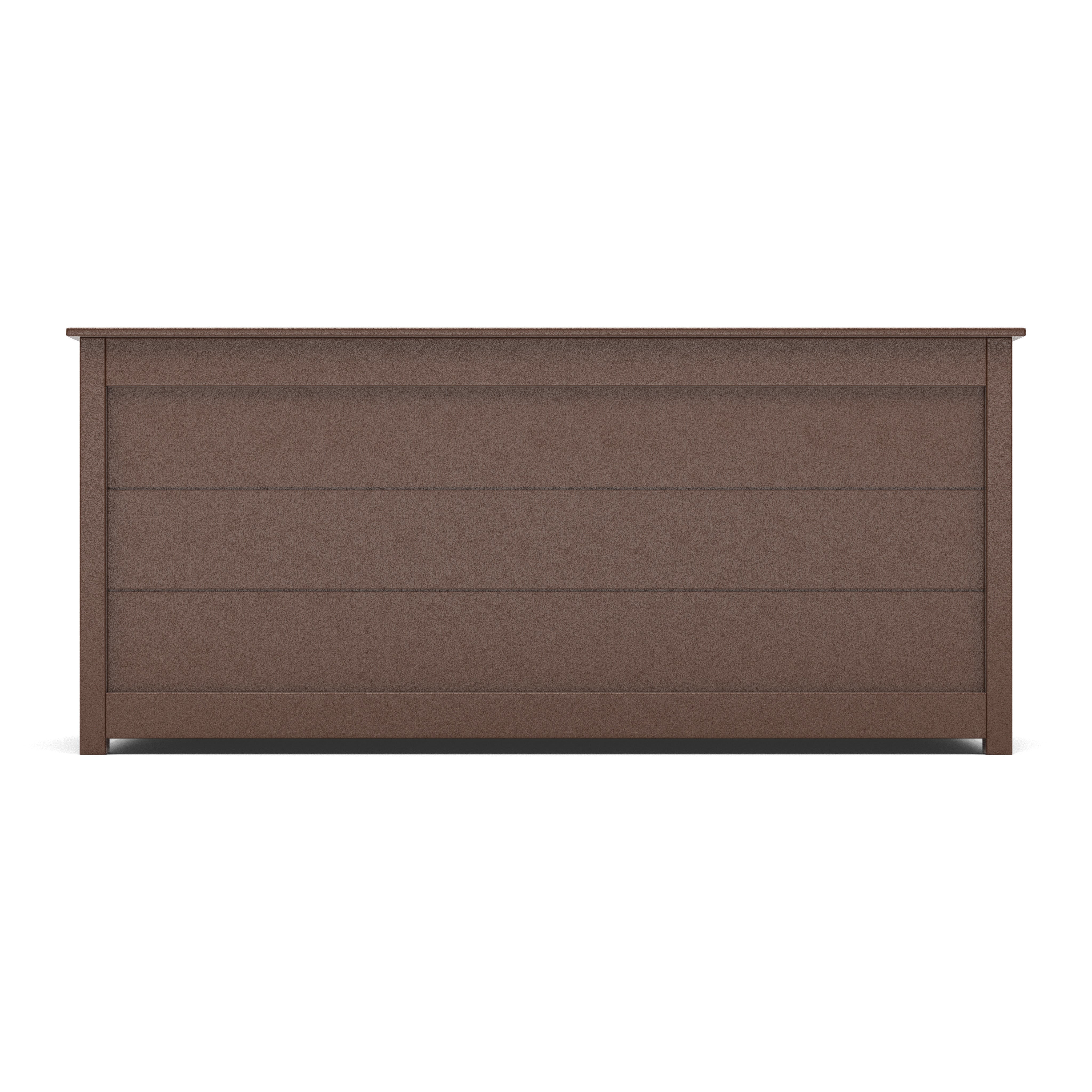 Brown wood panel dresser, front view, with simple, modern design and no visible hardware.