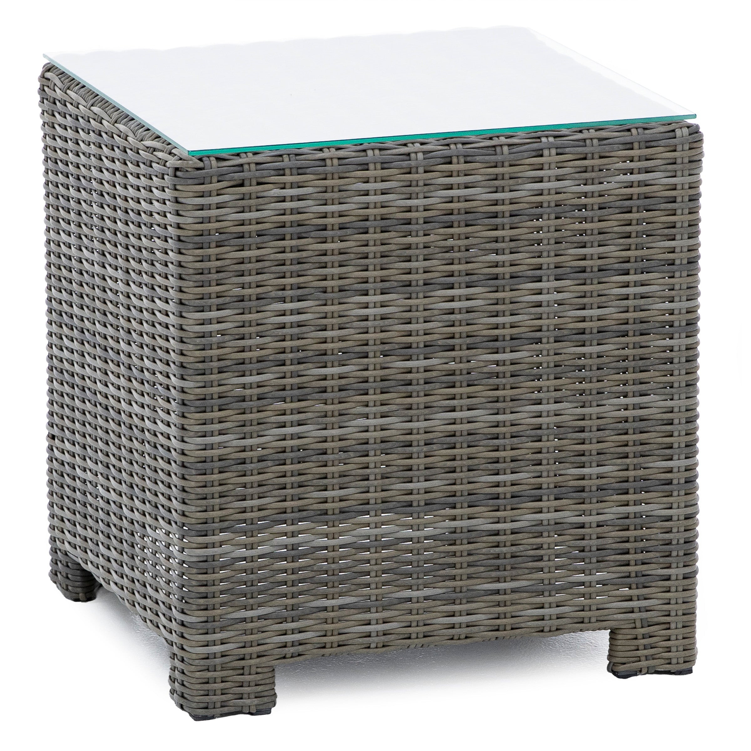 Square outdoor side table with wicker base and glass top.