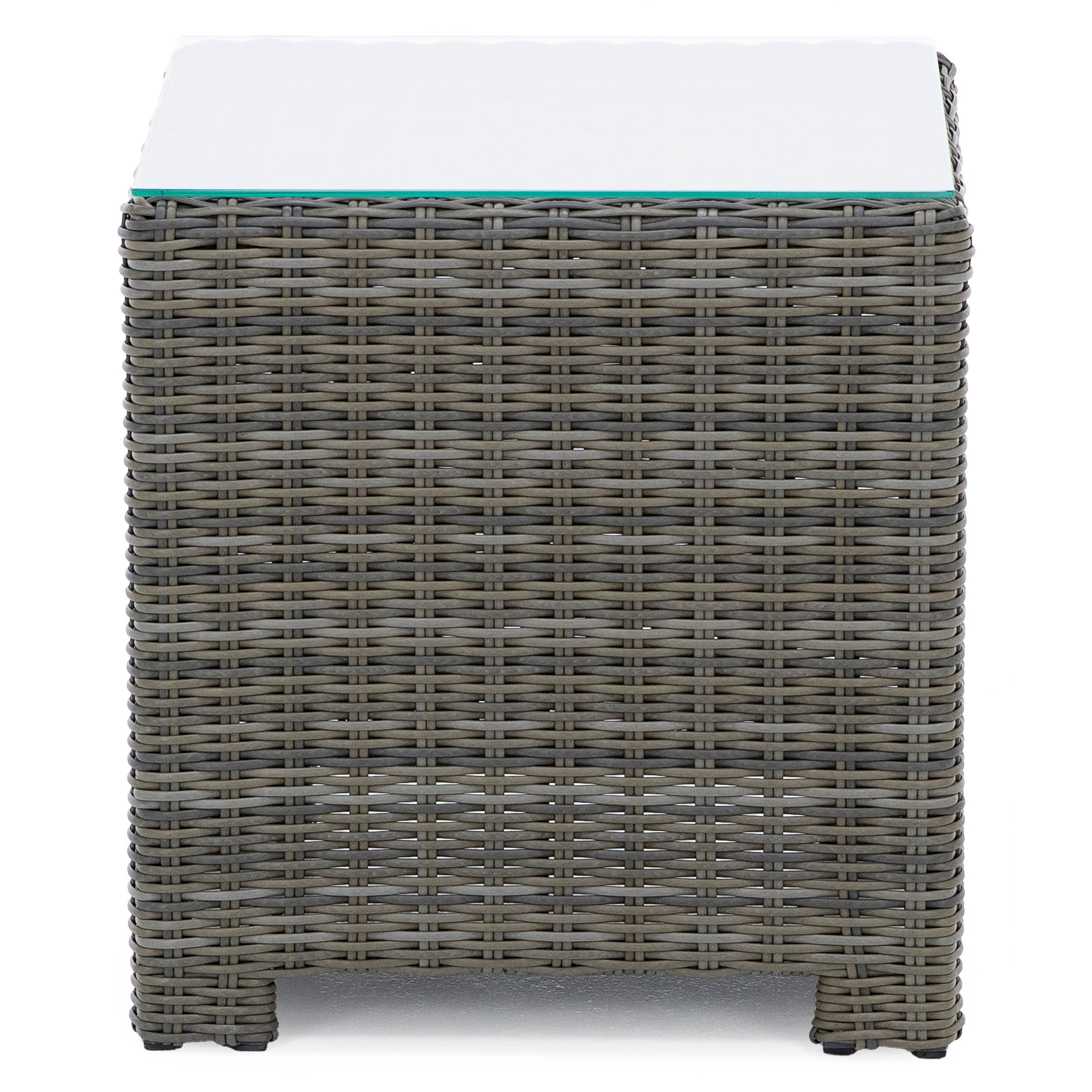 Square outdoor side table with gray wicker base and glass top.