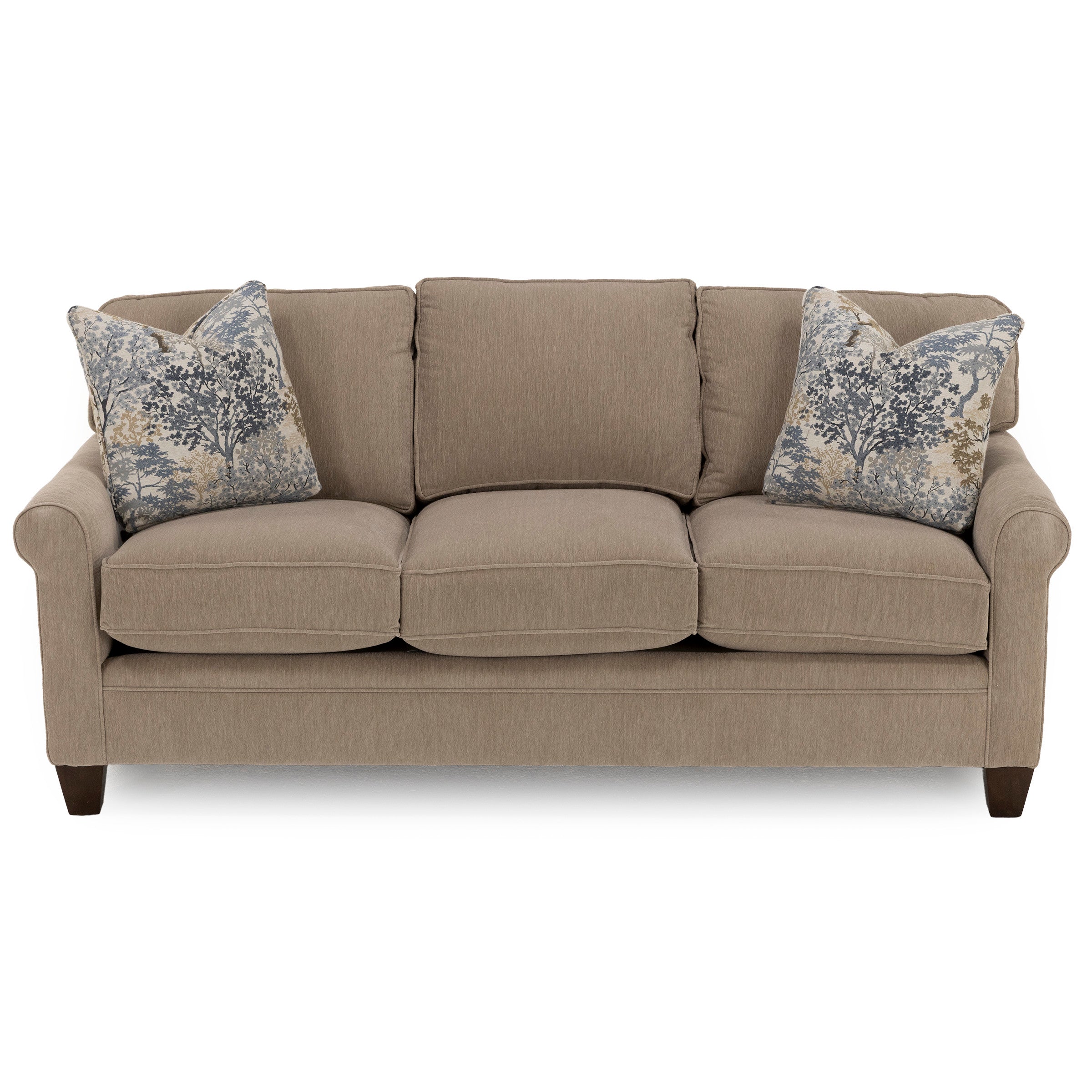 Beige three-cushion sofa with two blue and tan patterned accent pillows