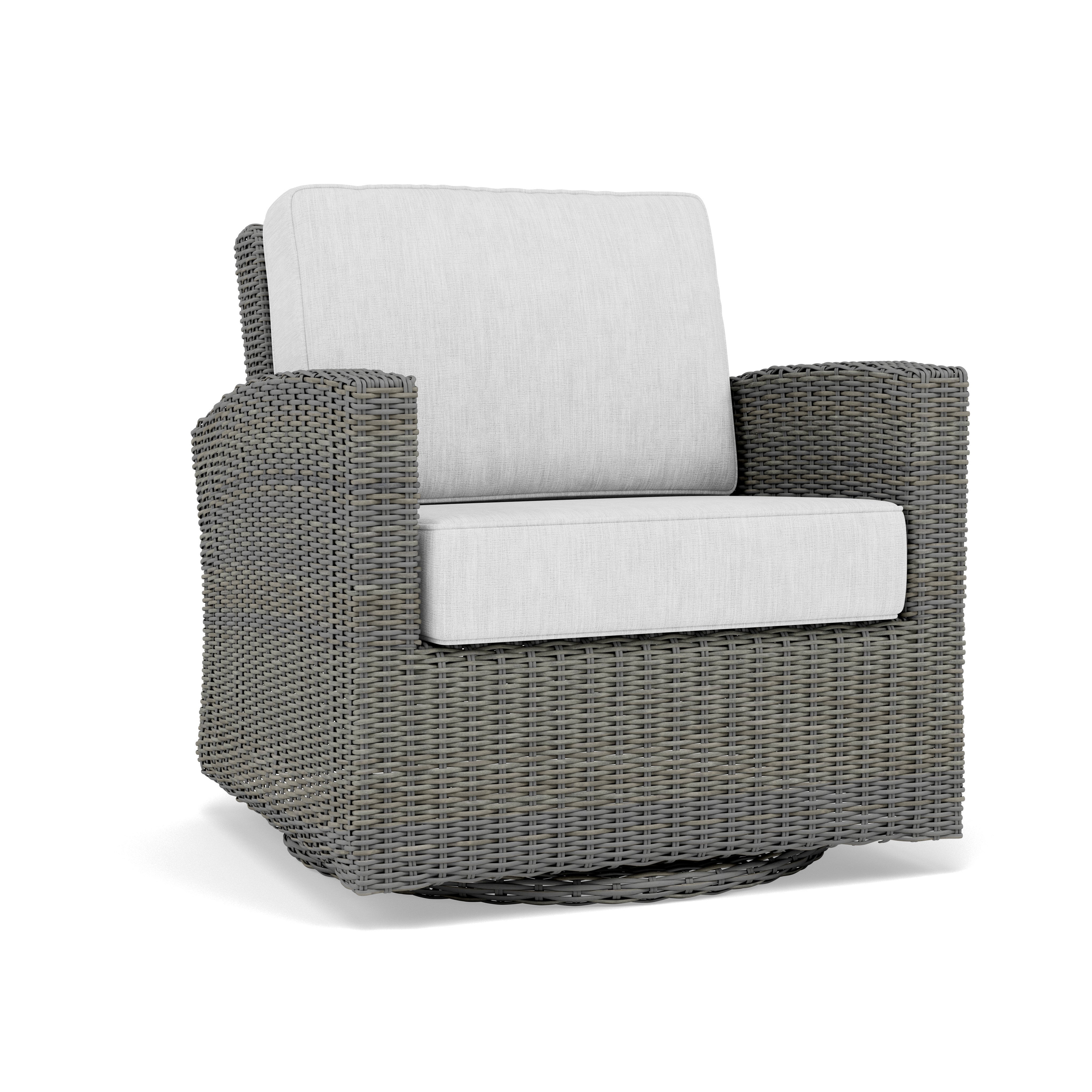 Gray wicker swivel chair with light gray cushions, suitable for outdoor seating.