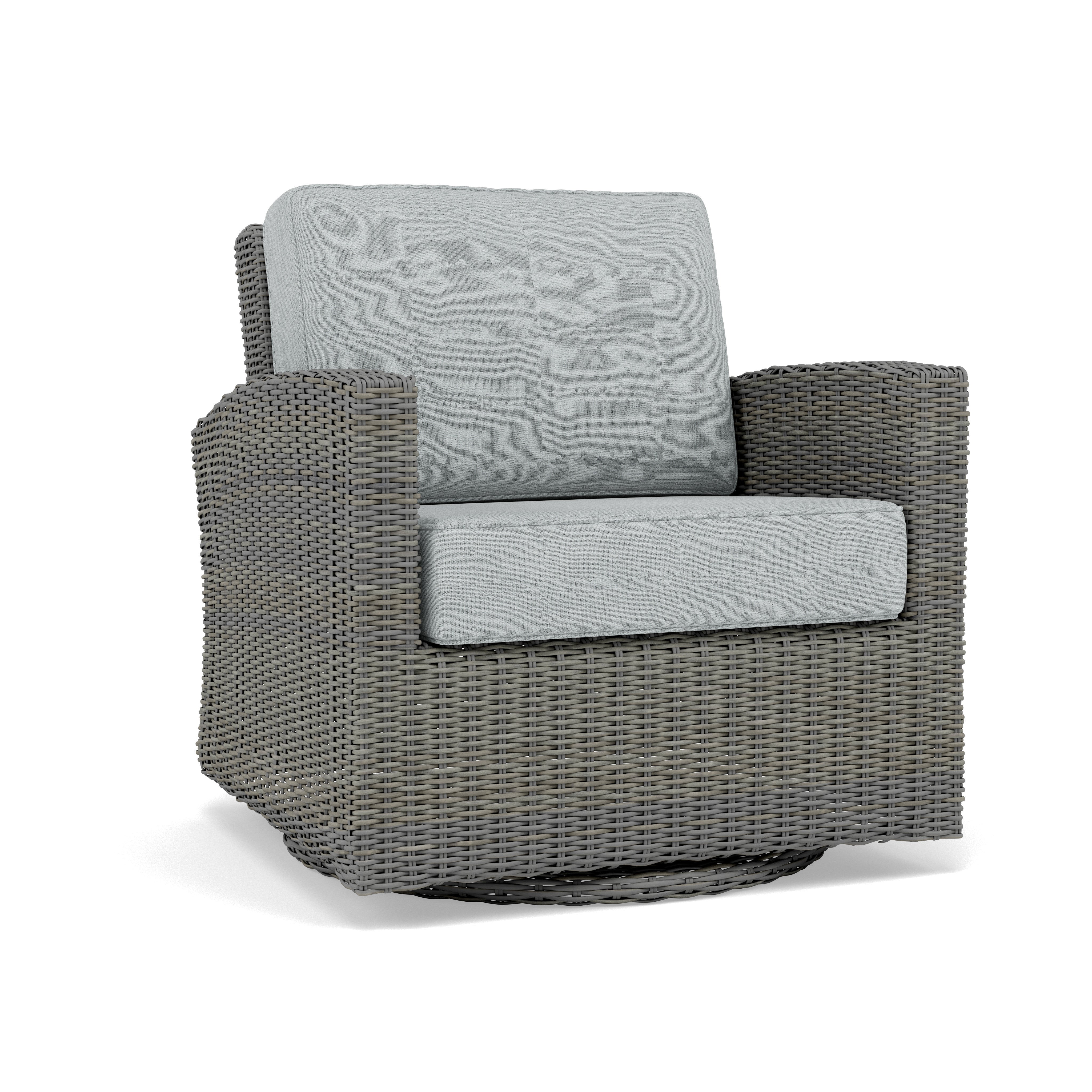 Gray wicker outdoor swivel chair with light gray cushions.