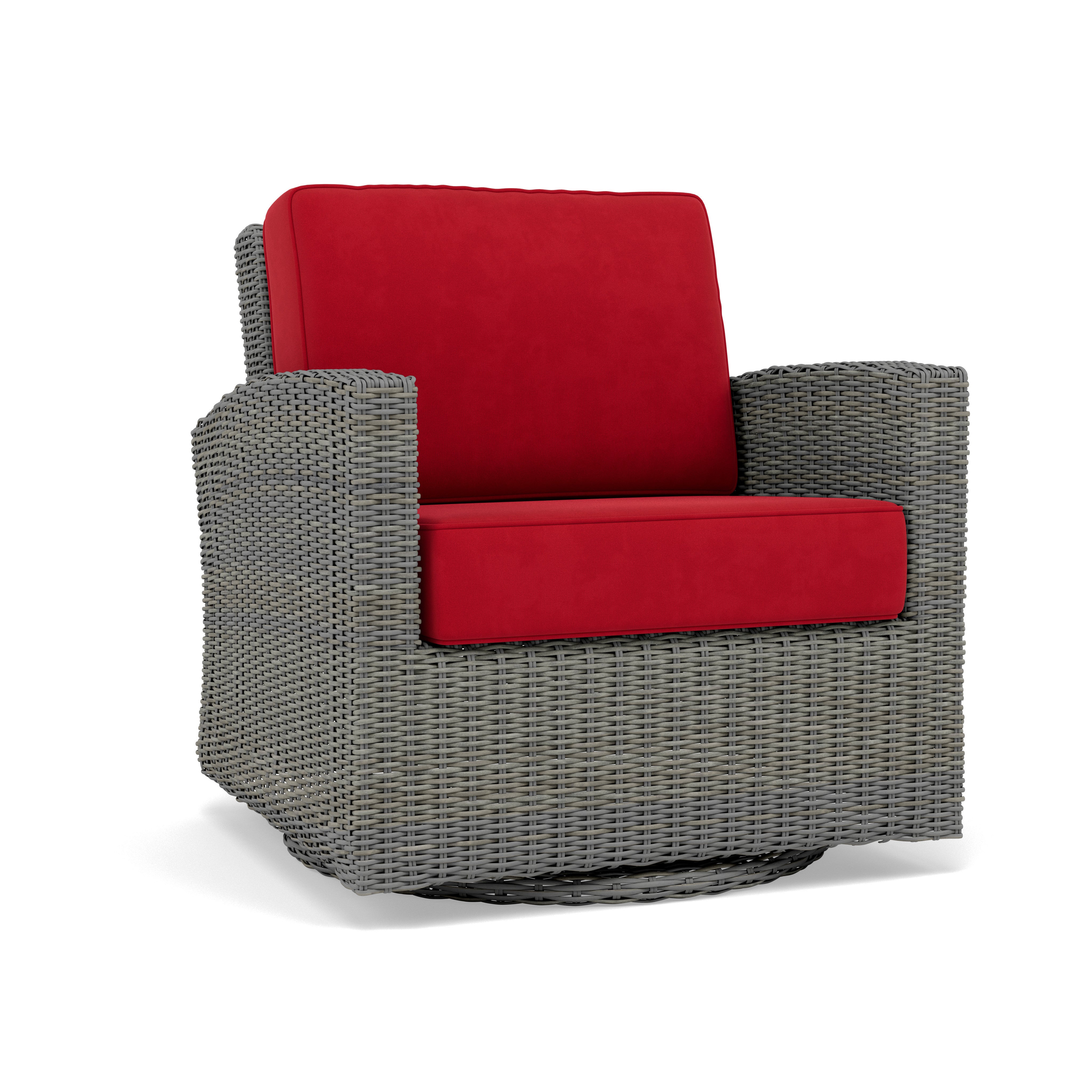 Wicker patio swivel chair with red cushions.