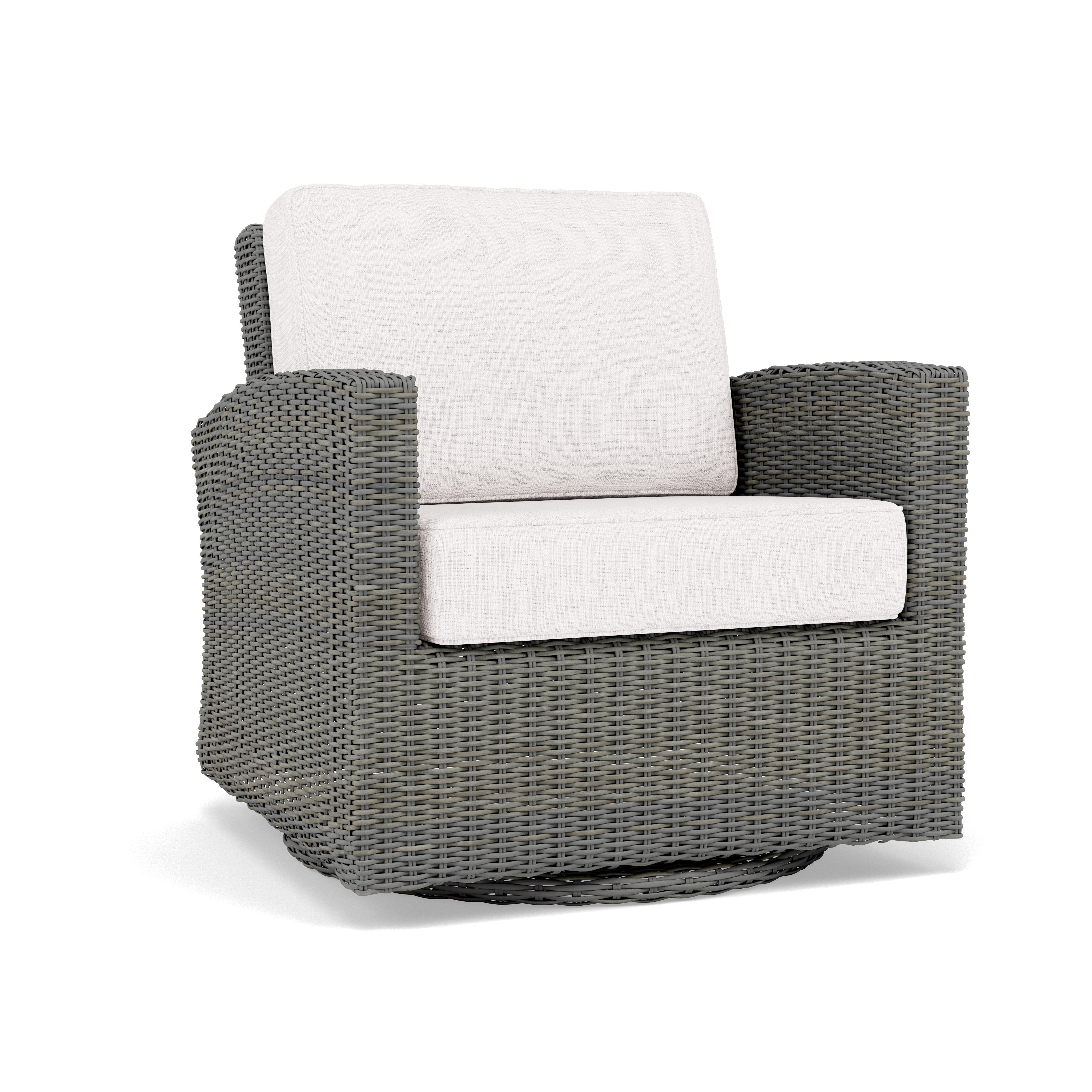 Gray wicker outdoor swivel chair with light cushion.