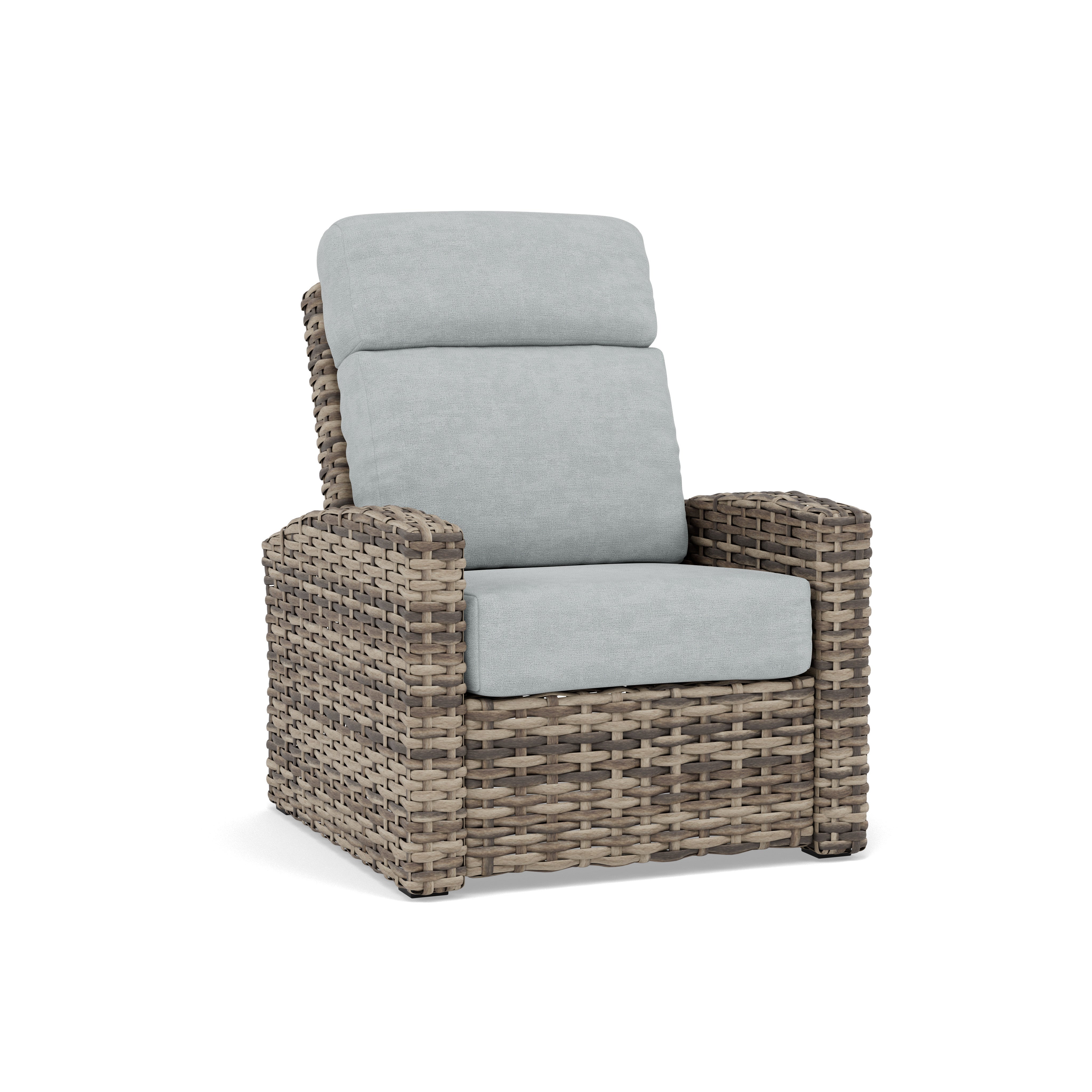 Woven outdoor recliner chair with light gray cushions.