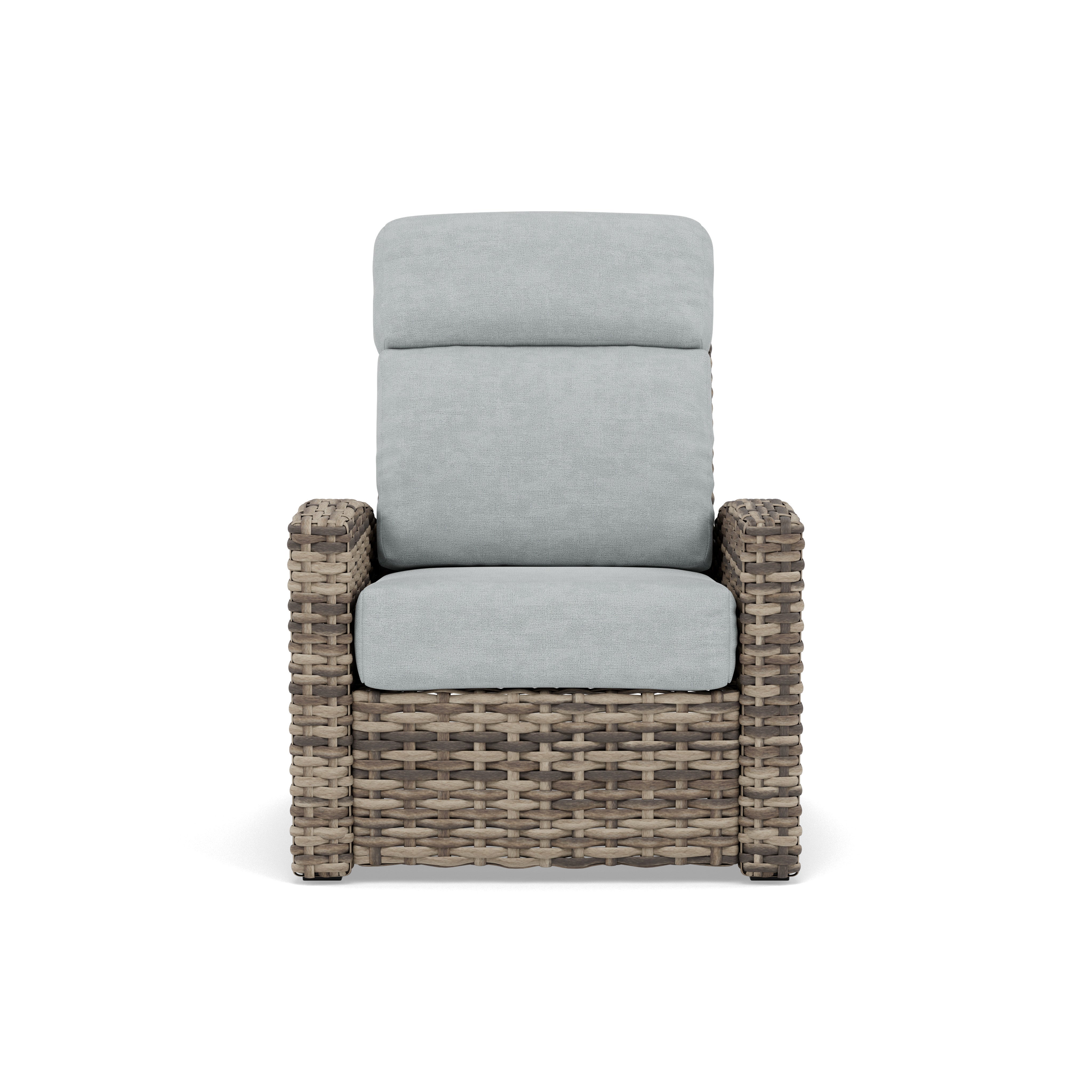 Woven outdoor lounge chair with light gray cushions, front view.