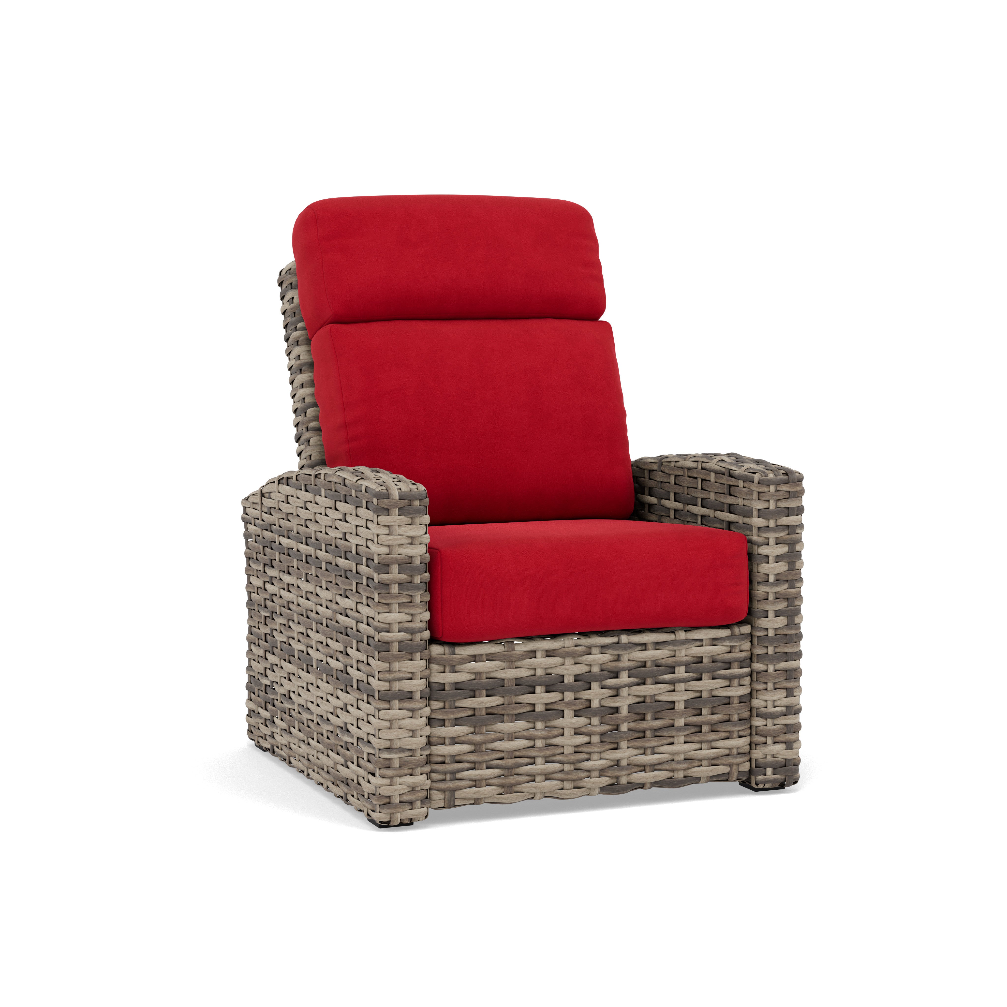 Wicker armchair with red cushioned seat and backrest.