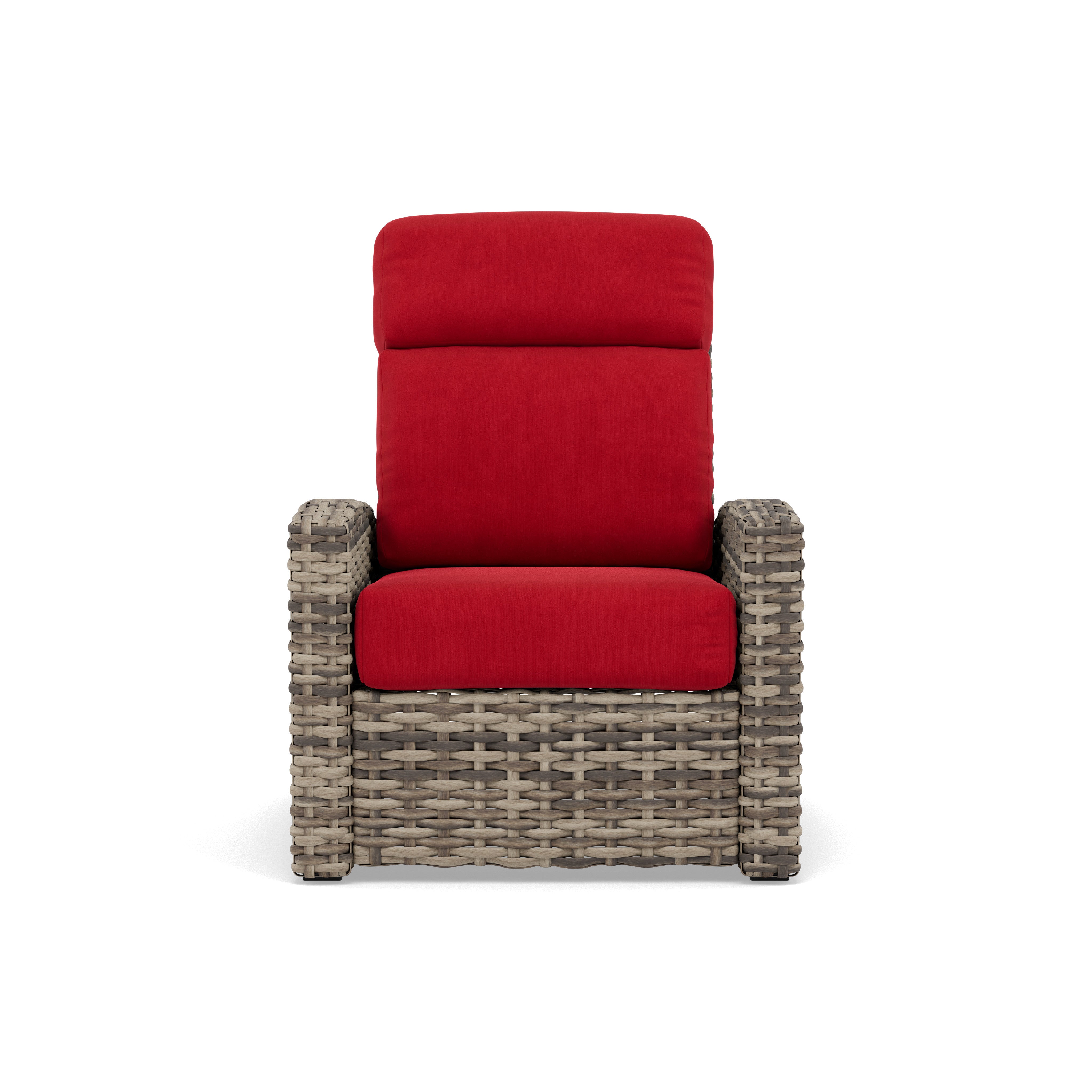 Outdoor woven armchair with red cushions, front view