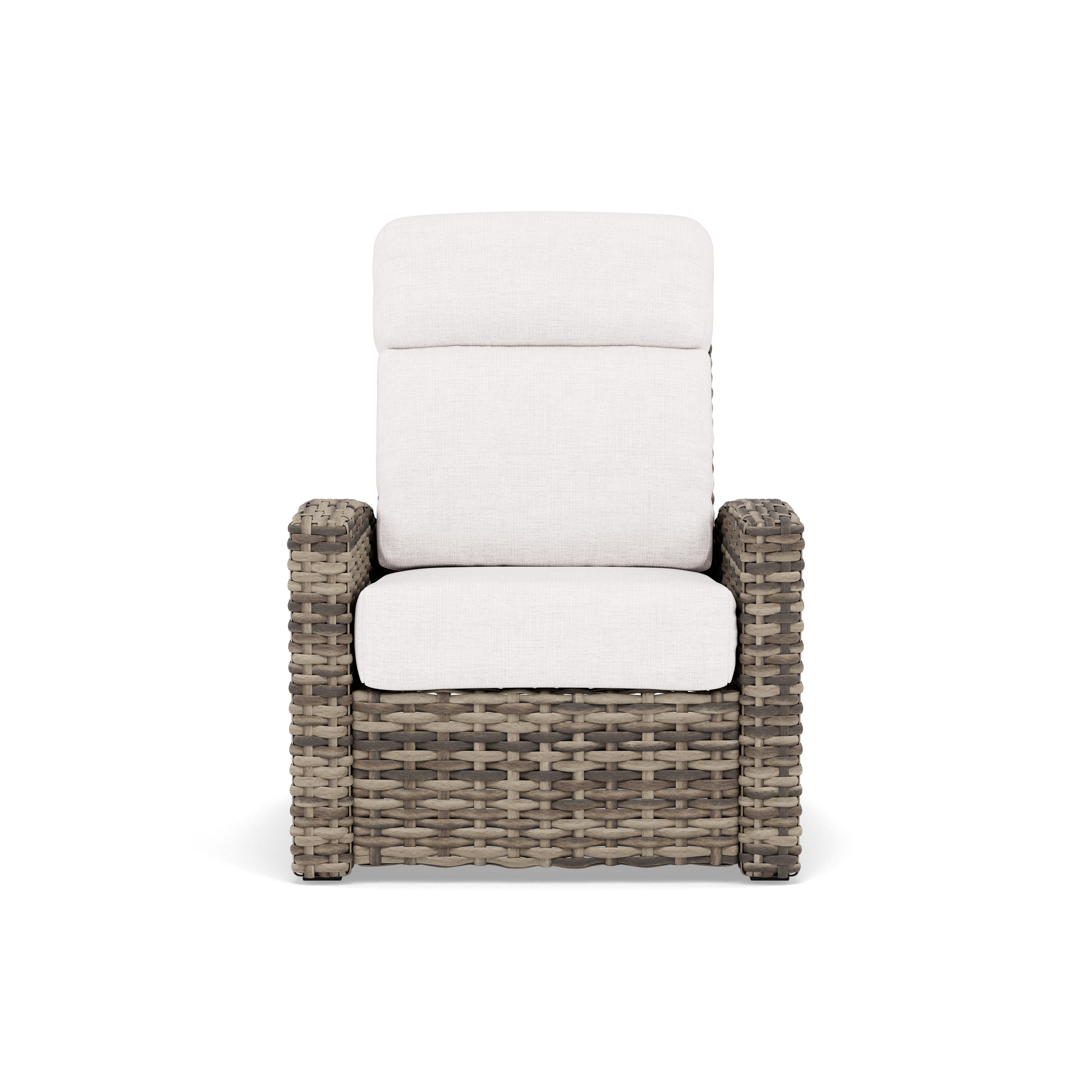 Woven outdoor armchair with light cushions, shown from the front.